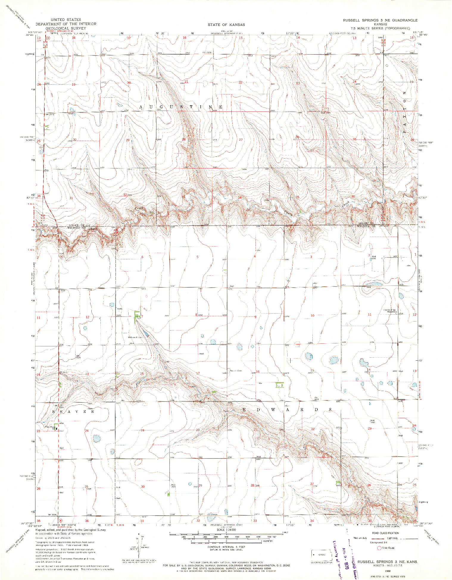 USGS 1:24000-SCALE QUADRANGLE FOR RUSSELL SPRINGS 3 NE, KS 1968