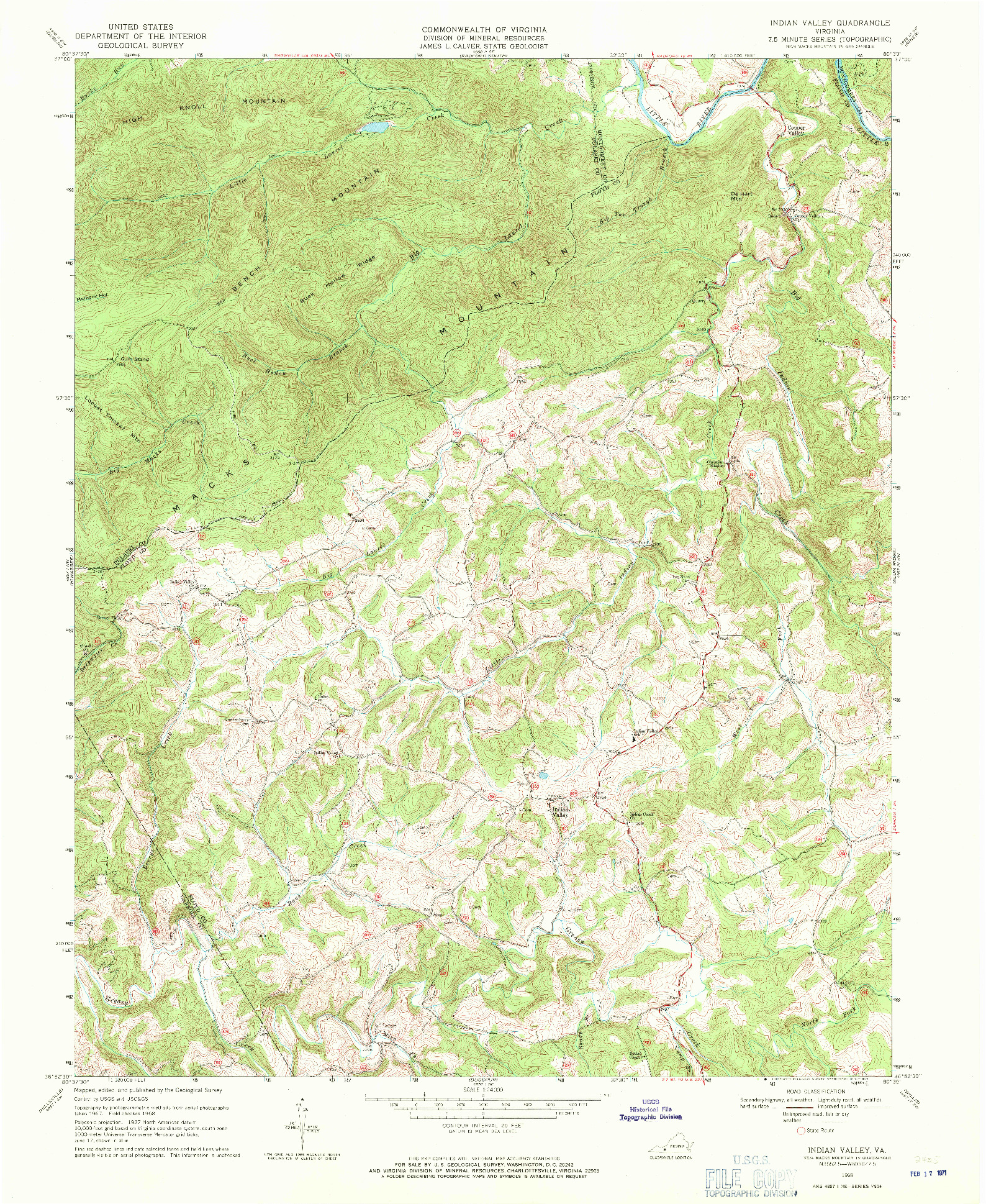 USGS 1:24000-SCALE QUADRANGLE FOR INDIAN VALLEY, VA 1968