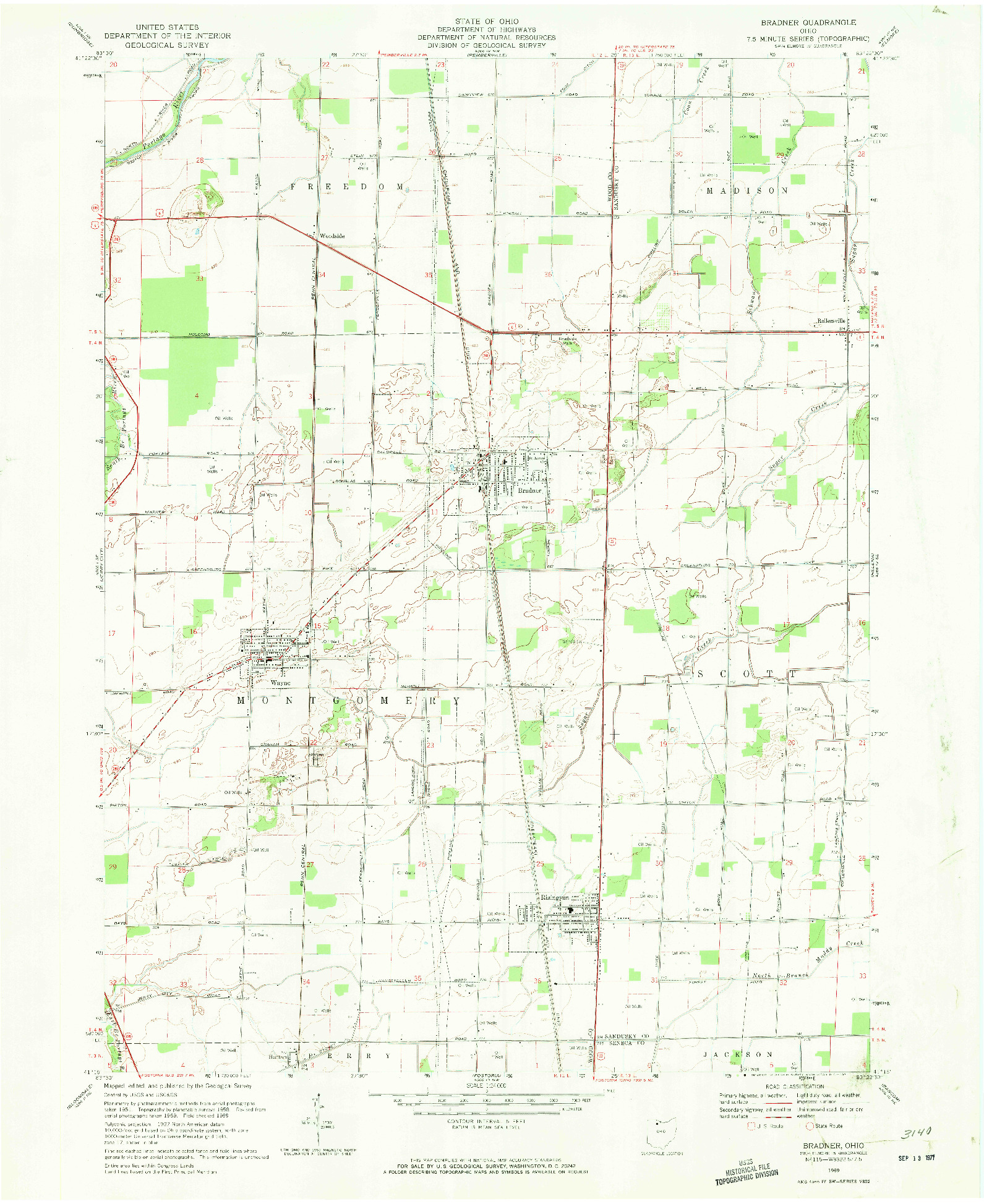 USGS 1:24000-SCALE QUADRANGLE FOR BRADNER, OH 1969