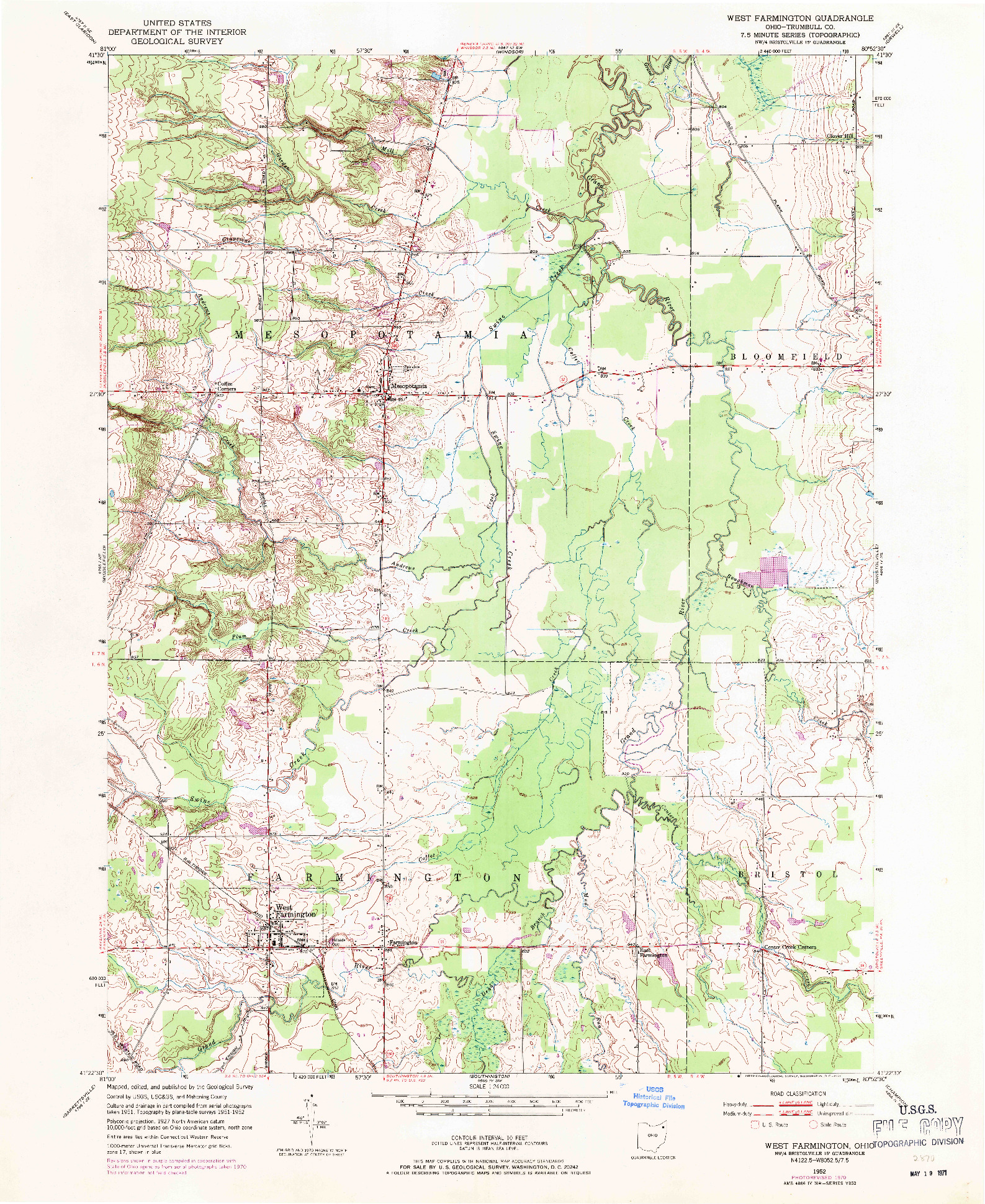 USGS 1:24000-SCALE QUADRANGLE FOR WEST FARMINGTON, OH 1952