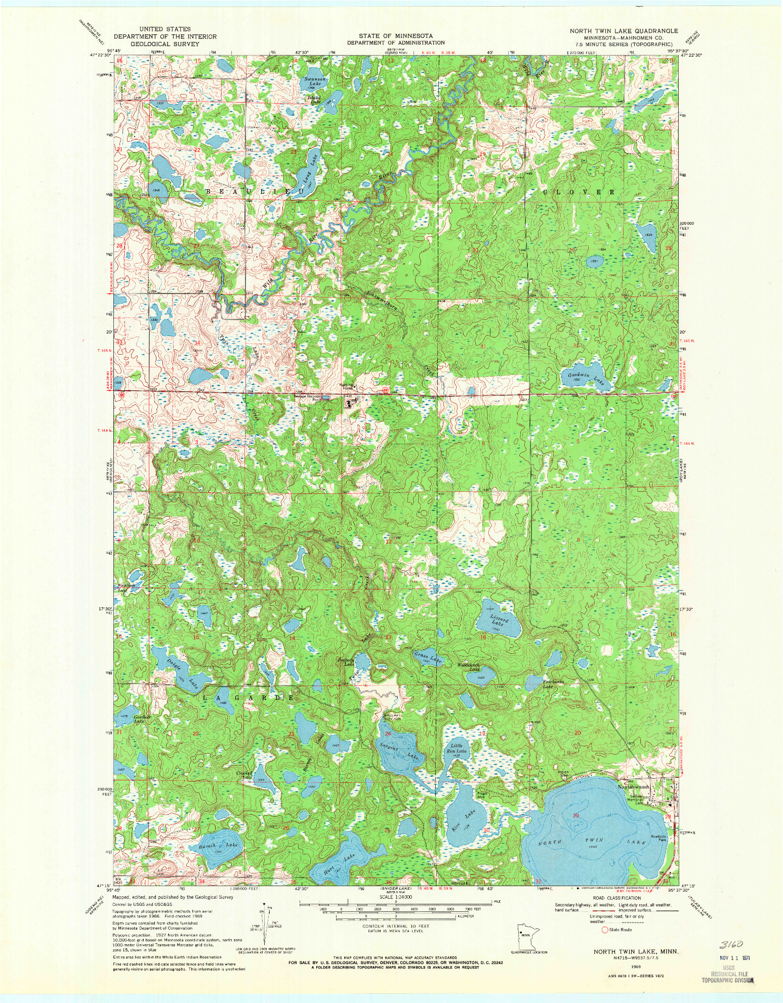 USGS 1:24000-SCALE QUADRANGLE FOR NORTH TWIN LAKE, MN 1969