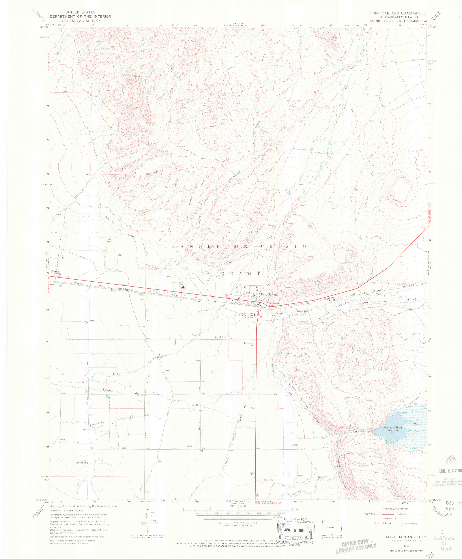 USGS 1:24000-SCALE QUADRANGLE FOR FORT GARLAND, CO 1967