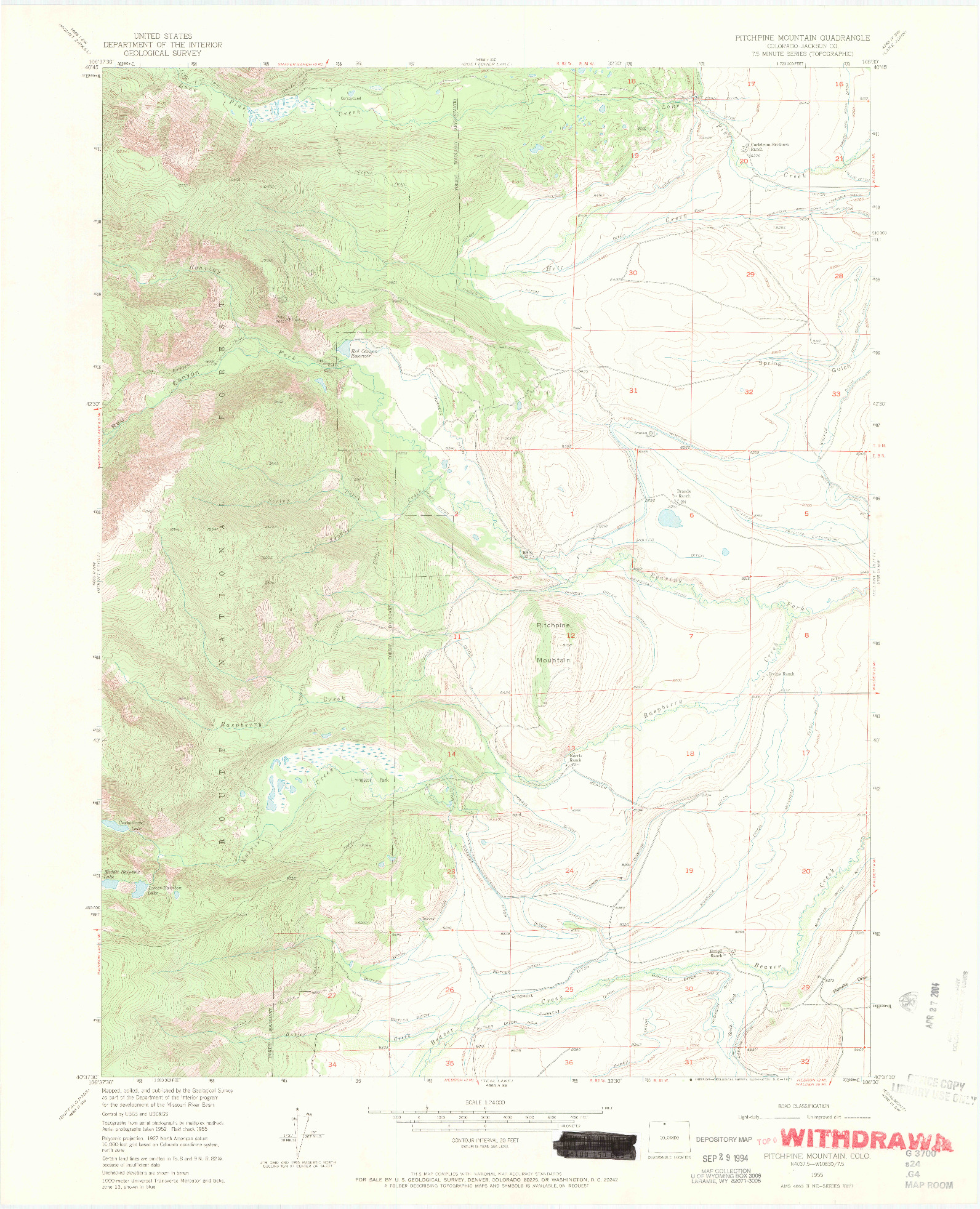 USGS 1:24000-SCALE QUADRANGLE FOR PITCHPINE MOUNTAIN, CO 1955