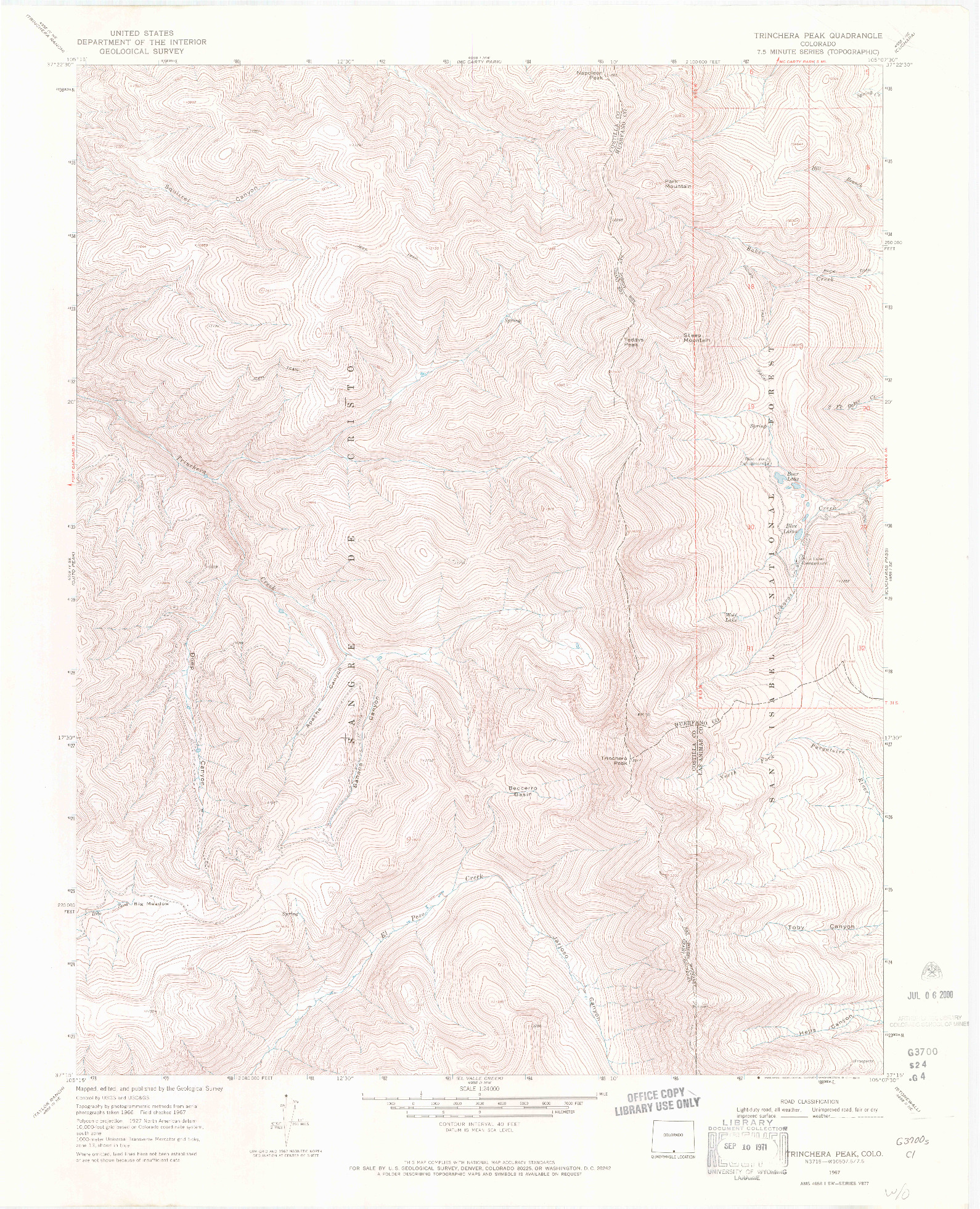 USGS 1:24000-SCALE QUADRANGLE FOR TRINCHERA PEAK, CO 1967