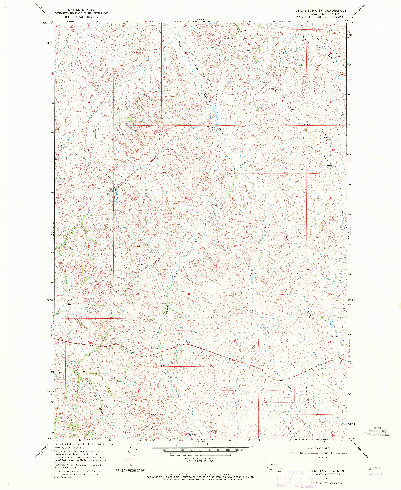USGS 1:24000-SCALE QUADRANGLE FOR JEANS FORK SW, MT 1967