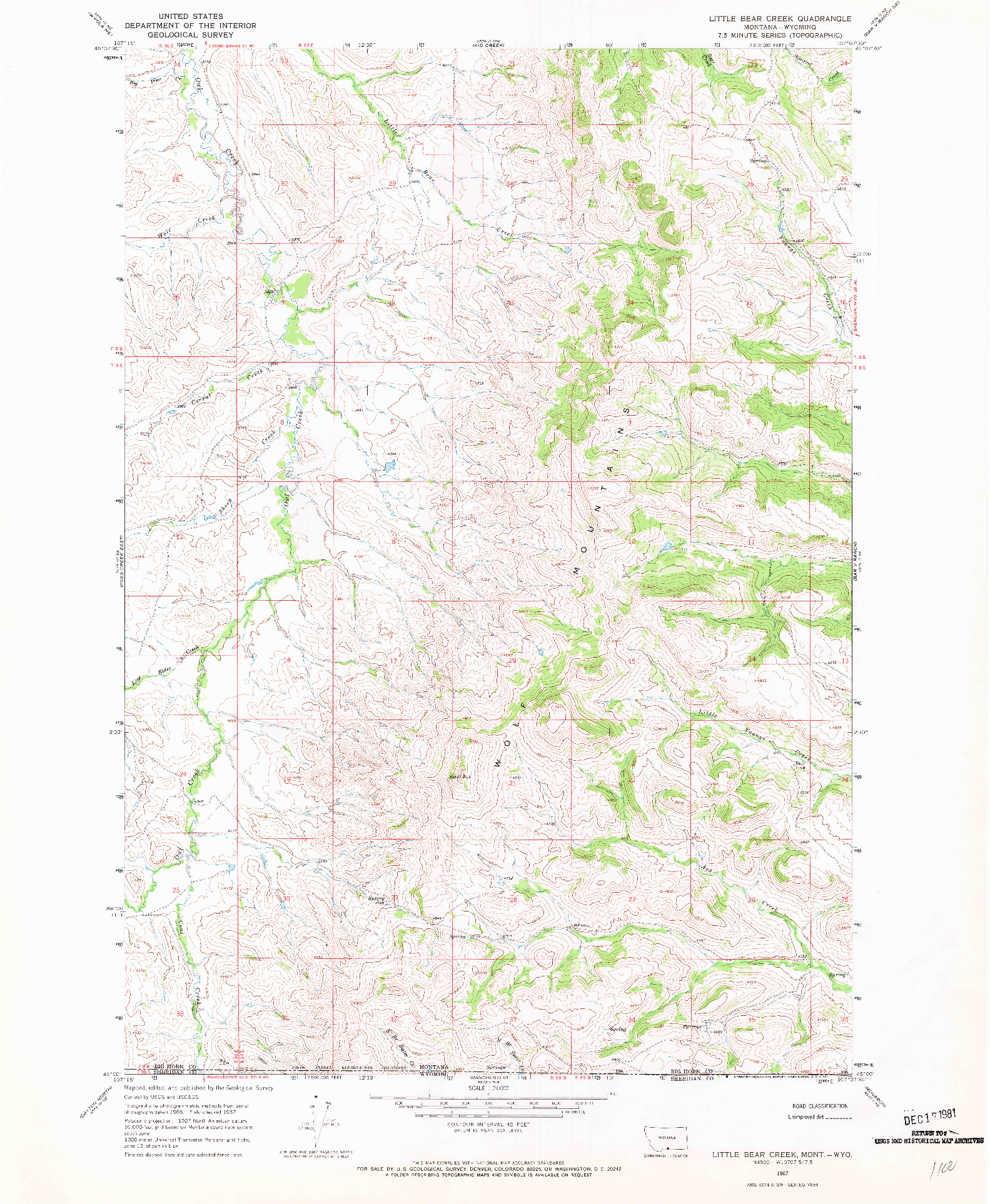 USGS 1:24000-SCALE QUADRANGLE FOR LITTLE BEAR CREEK, MT 1967