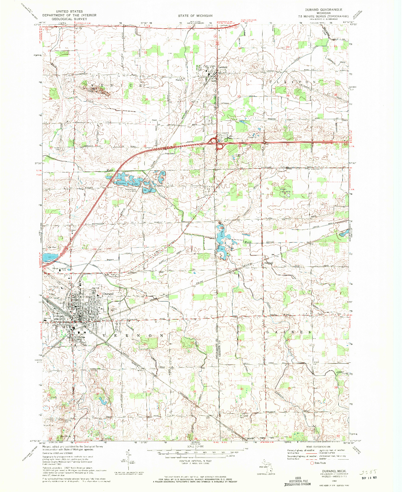USGS 1:24000-SCALE QUADRANGLE FOR DURAND, MI 1969