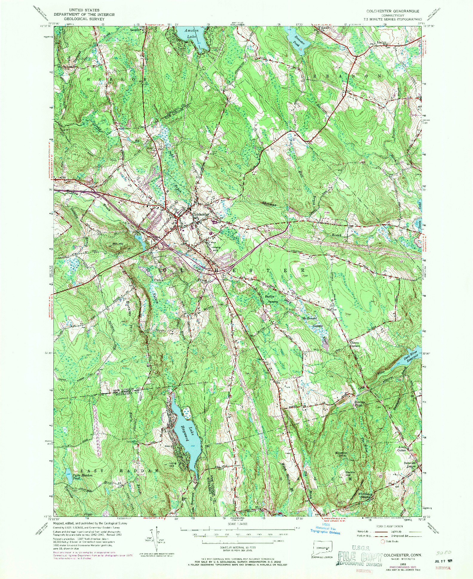 USGS 1:24000-SCALE QUADRANGLE FOR COLCHESTER, CT 1953