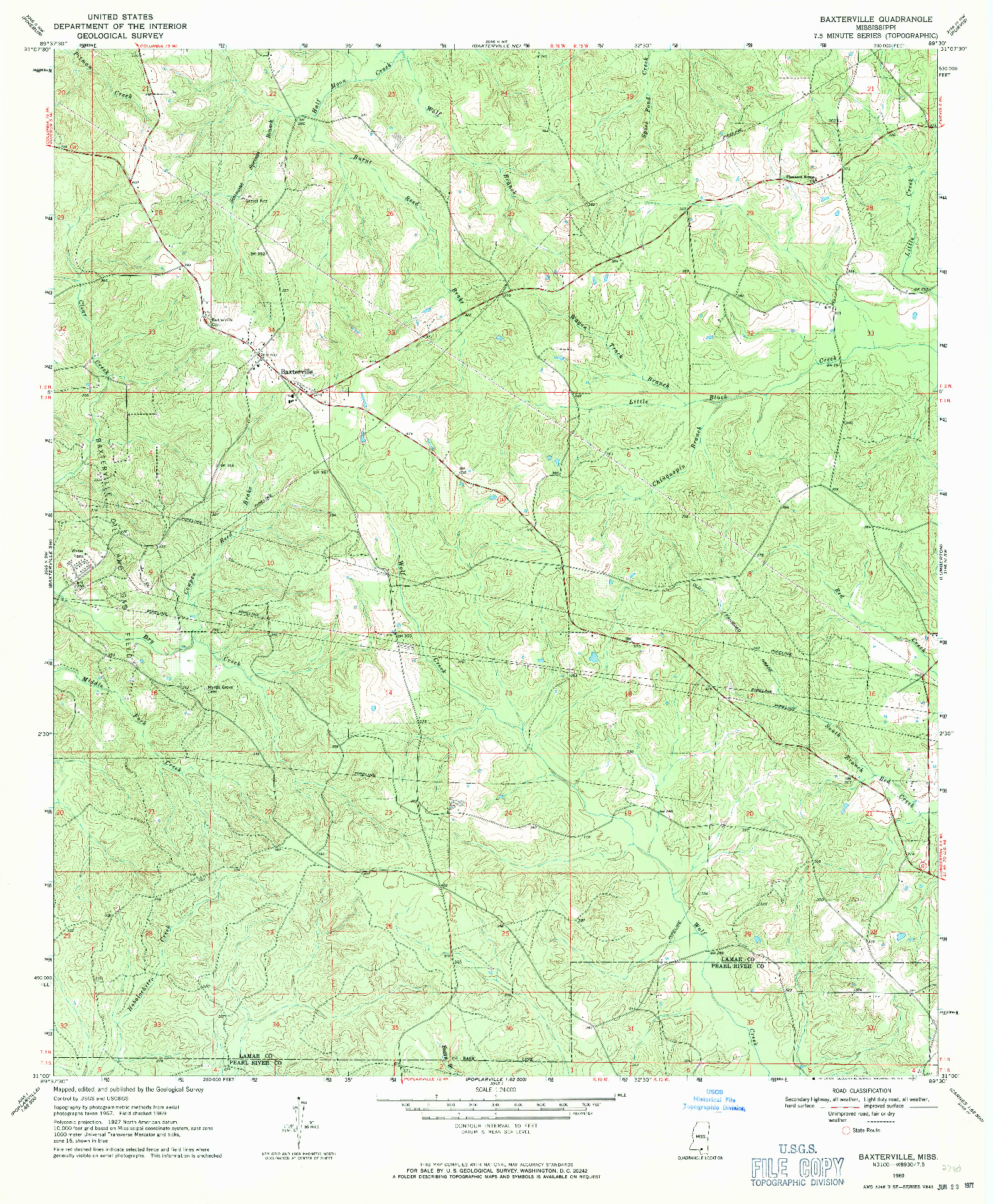 USGS 1:24000-SCALE QUADRANGLE FOR BAXTERVILLE, MS 1969
