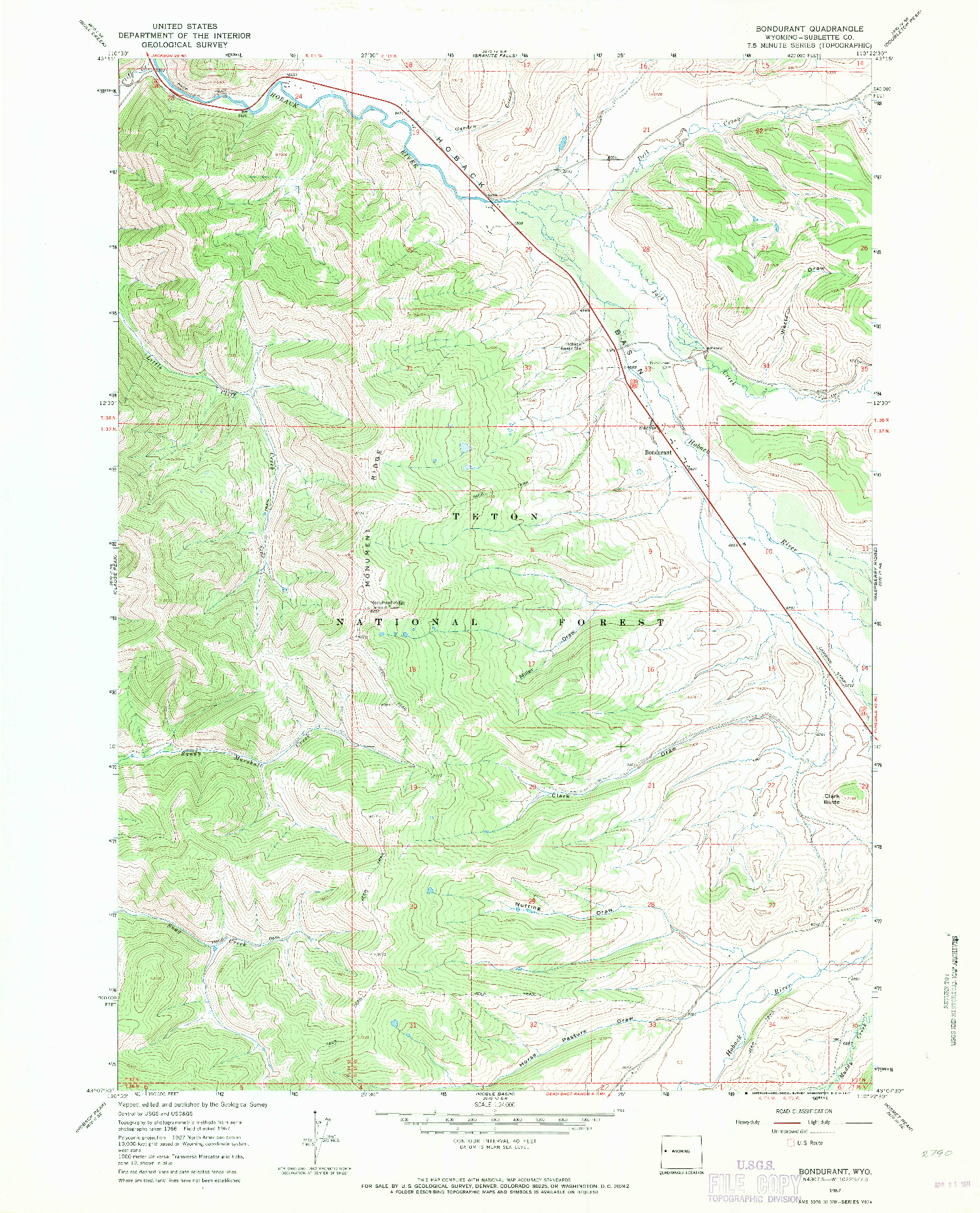 USGS 1:24000-SCALE QUADRANGLE FOR BONDURANT, WY 1967