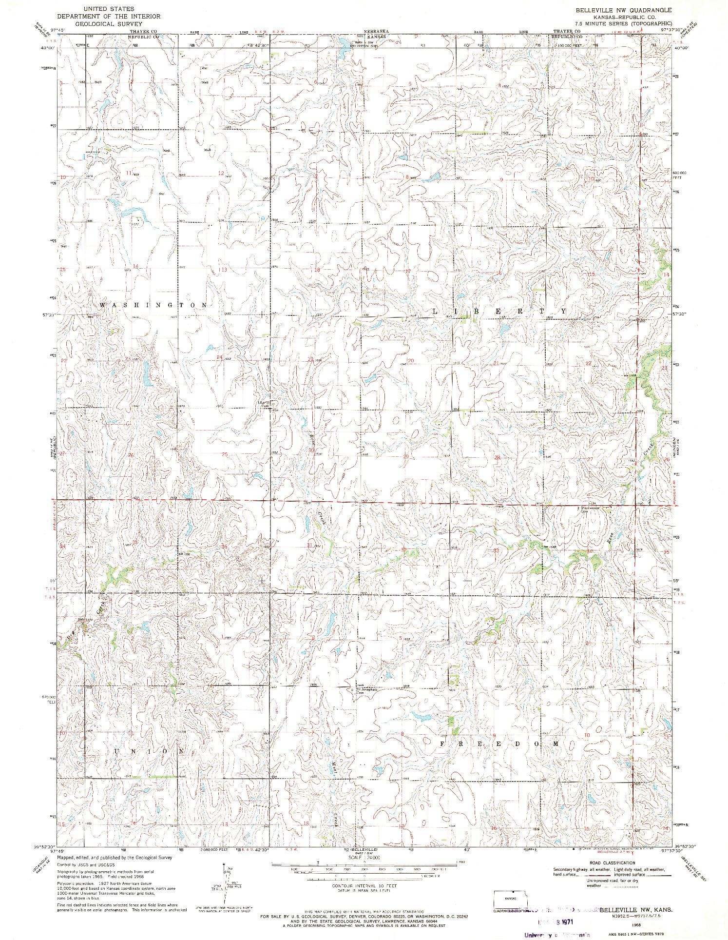 USGS 1:24000-SCALE QUADRANGLE FOR BELLEVILLE NW, KS 1968