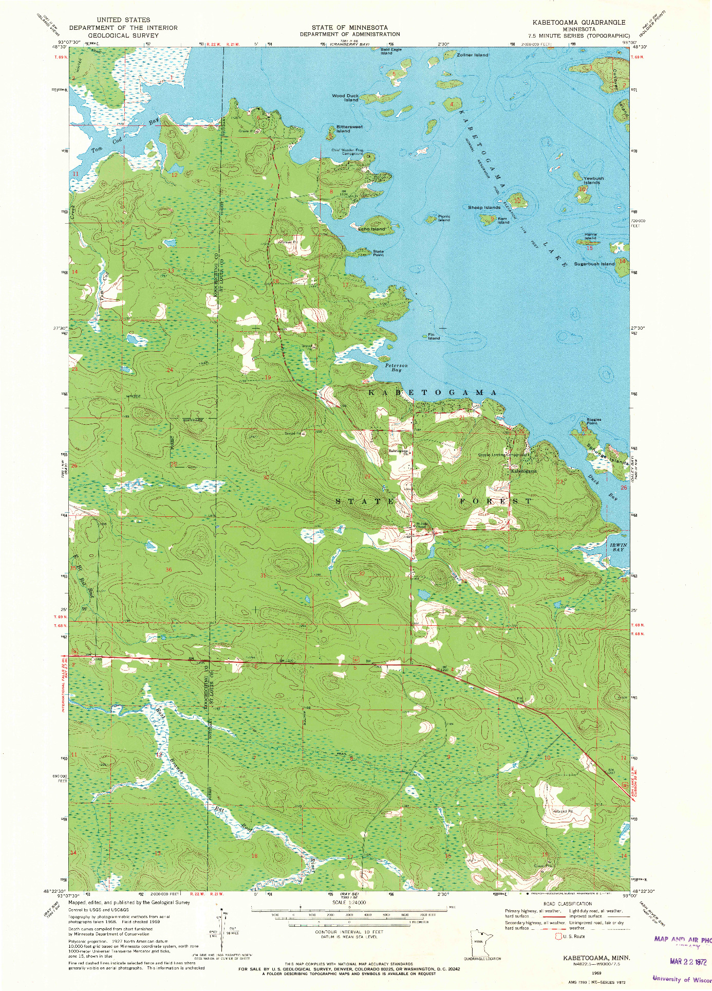 USGS 1:24000-SCALE QUADRANGLE FOR KABETOGAMA, MN 1969