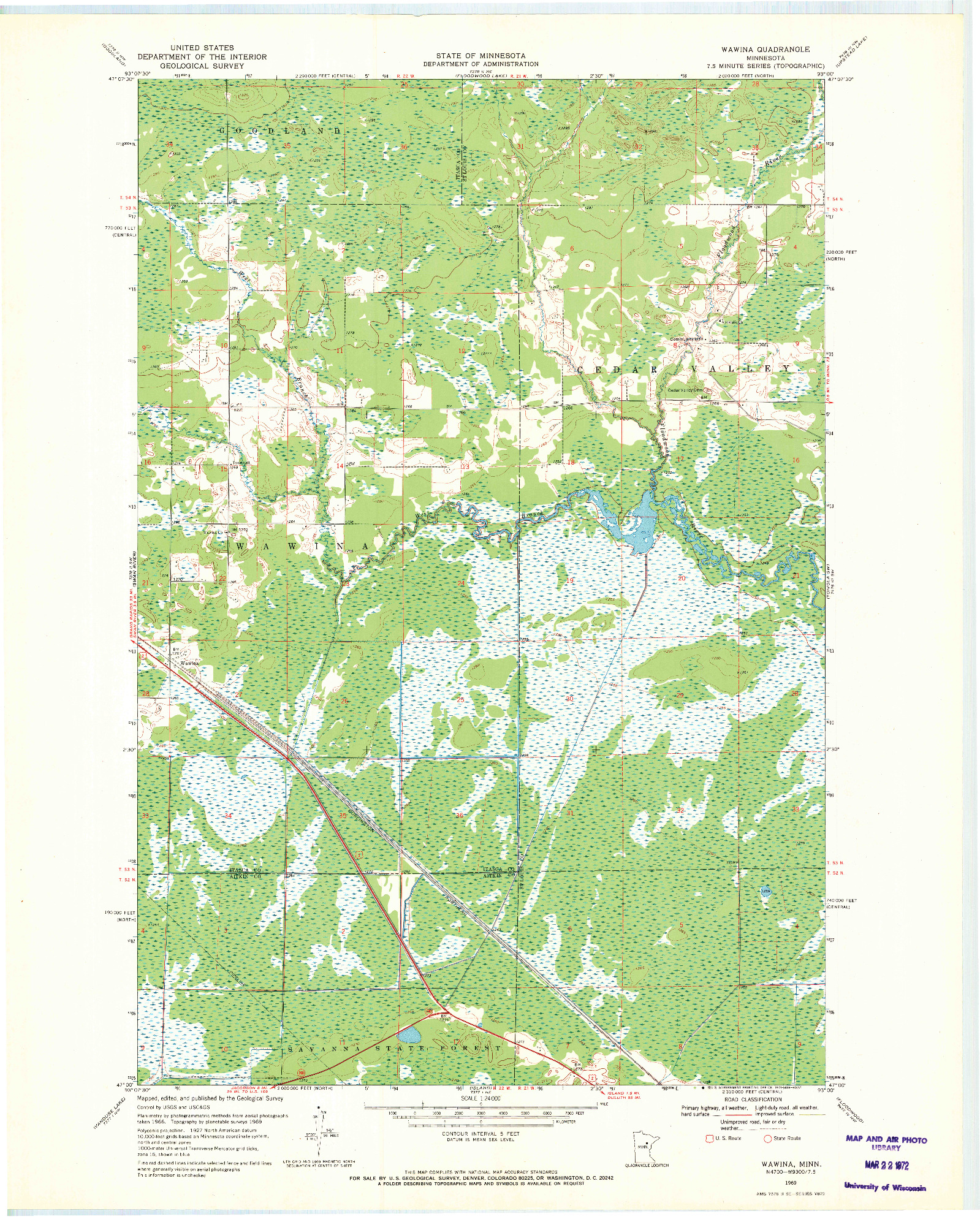USGS 1:24000-SCALE QUADRANGLE FOR WAWINA, MN 1969