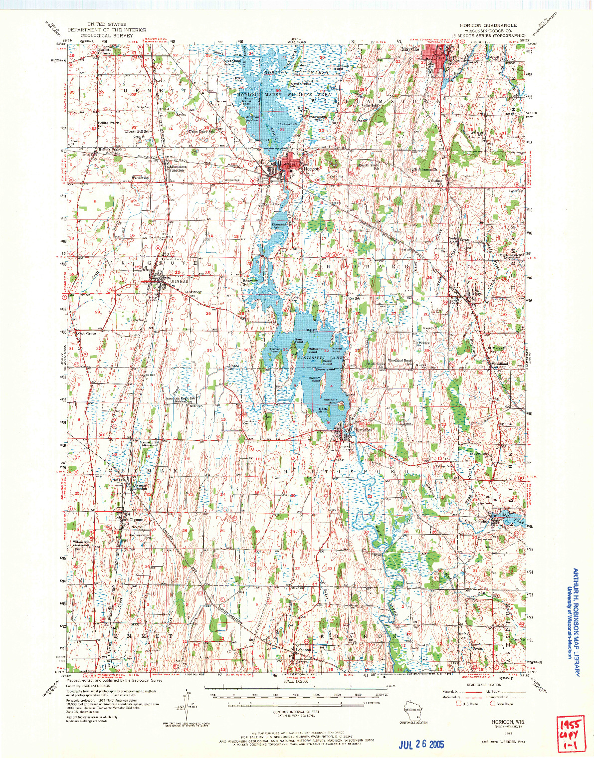 USGS 1:62500-SCALE QUADRANGLE FOR HORICON, WI 1955