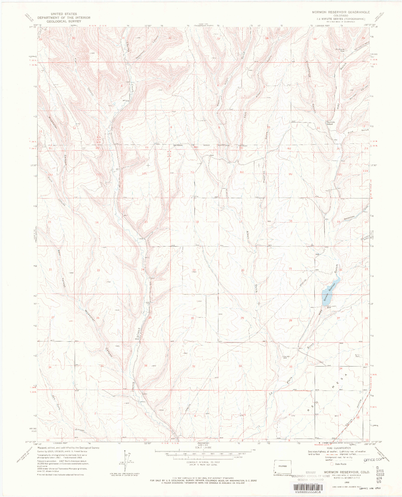USGS 1:24000-SCALE QUADRANGLE FOR MORMON RESERVOIR, CO 1968