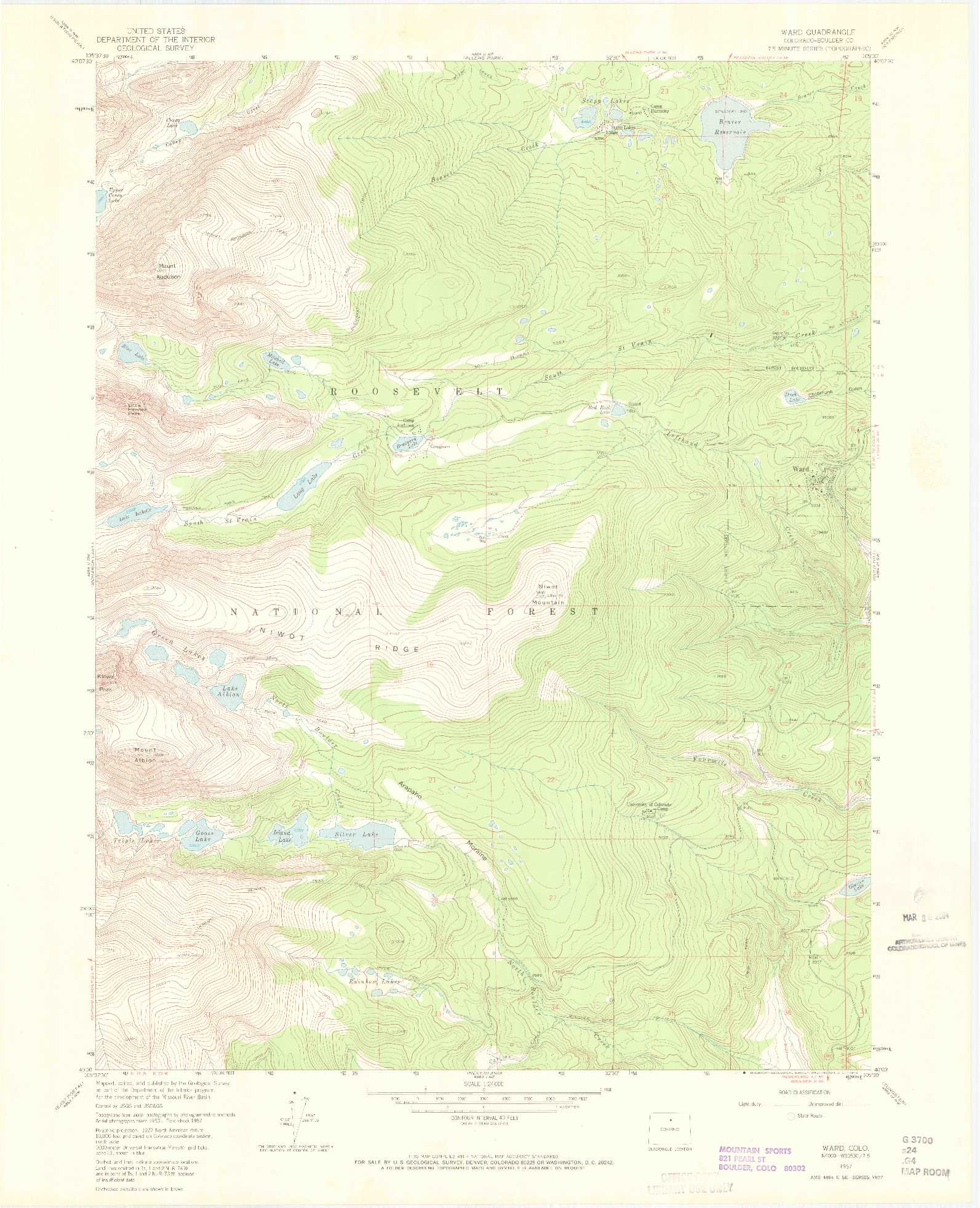USGS 1:24000-SCALE QUADRANGLE FOR WARD, CO 1957