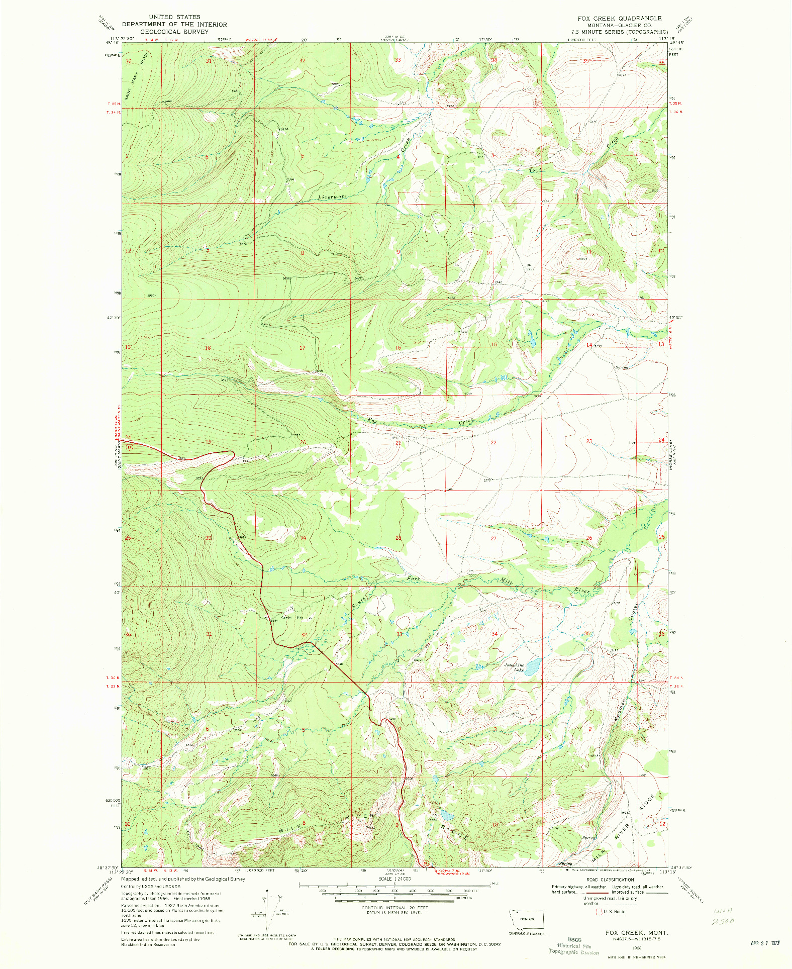 USGS 1:24000-SCALE QUADRANGLE FOR FOX CREEK, MT 1968