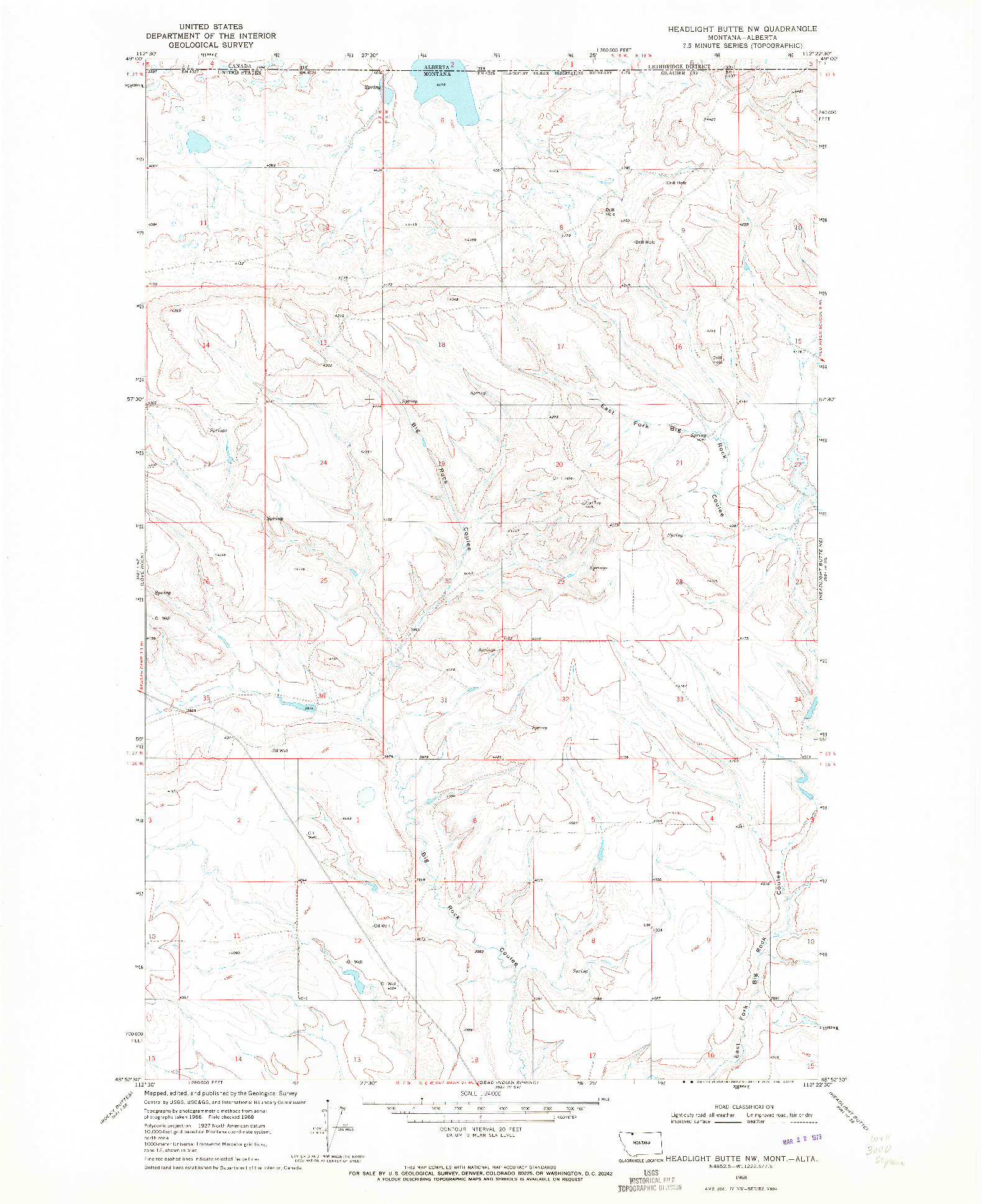 USGS 1:24000-SCALE QUADRANGLE FOR HEADLIGHT BUTTE NW, MT 1968