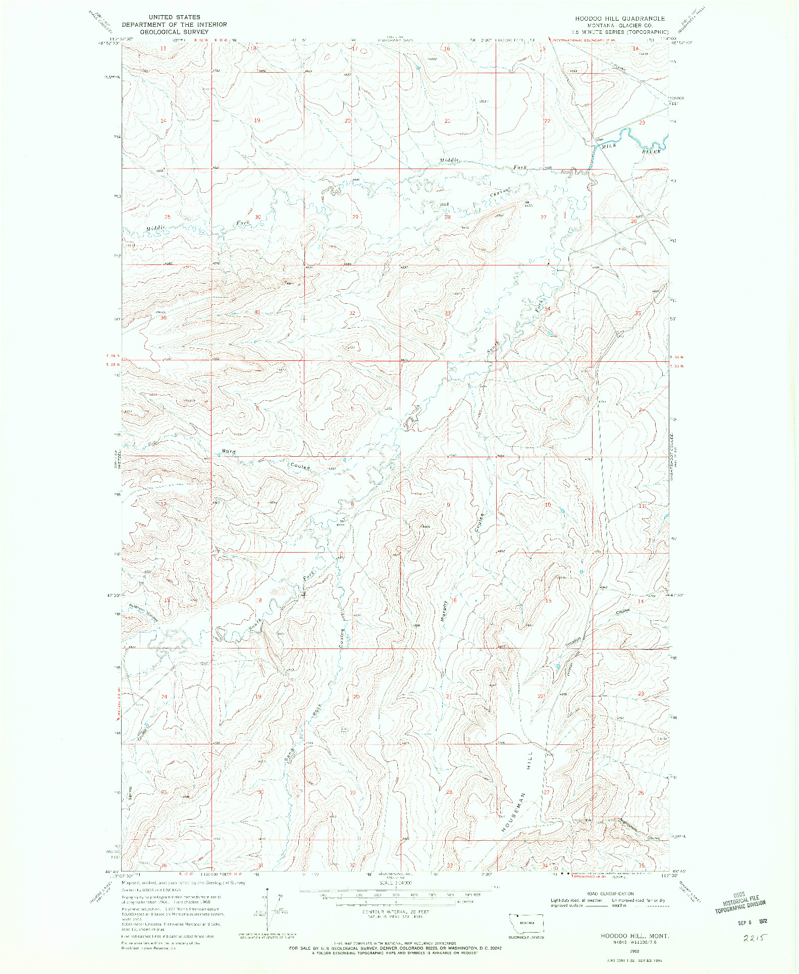 USGS 1:24000-SCALE QUADRANGLE FOR HOODOO HILL, MT 1968