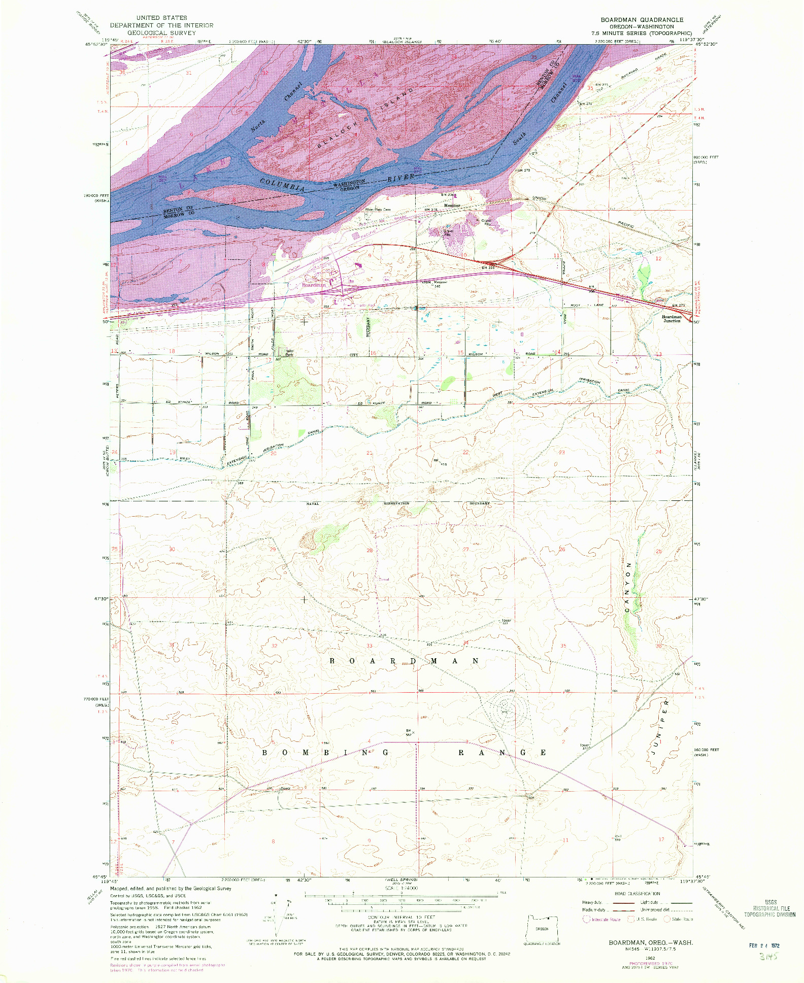 USGS 1:24000-SCALE QUADRANGLE FOR BOARDMAN, OR 1962