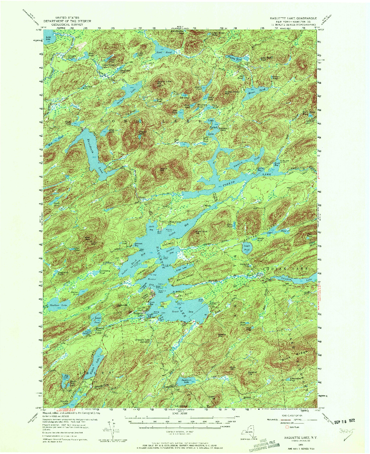 USGS 1:62500-SCALE QUADRANGLE FOR RAQUETTE LAKE, NY 1954