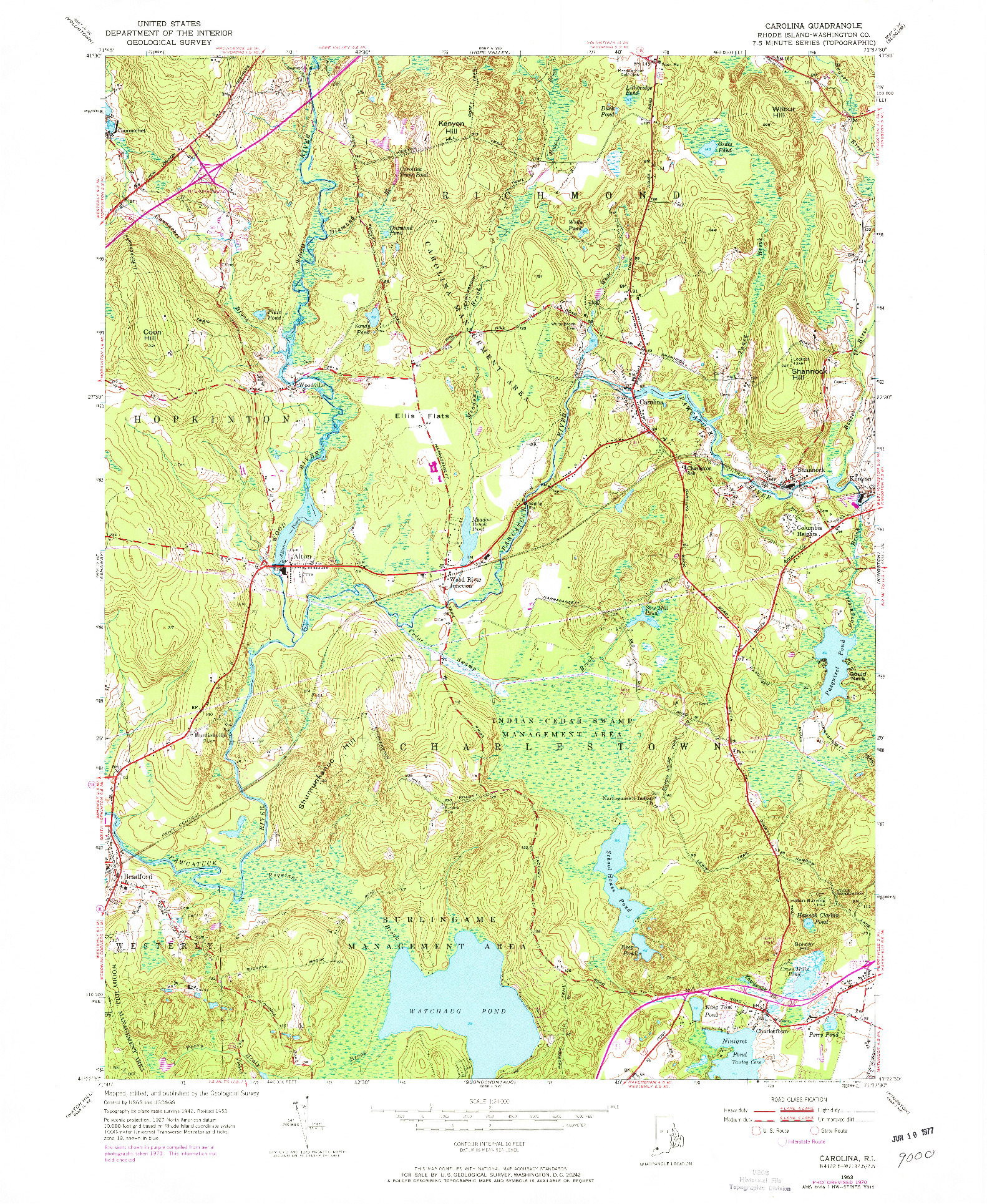 USGS 1:24000-SCALE QUADRANGLE FOR CAROLINA, RI 1953