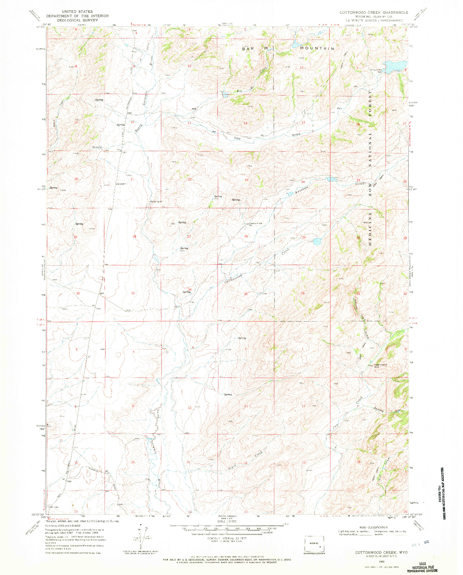USGS 1:24000-SCALE QUADRANGLE FOR COTTONWOOD CREEK, WY 1968