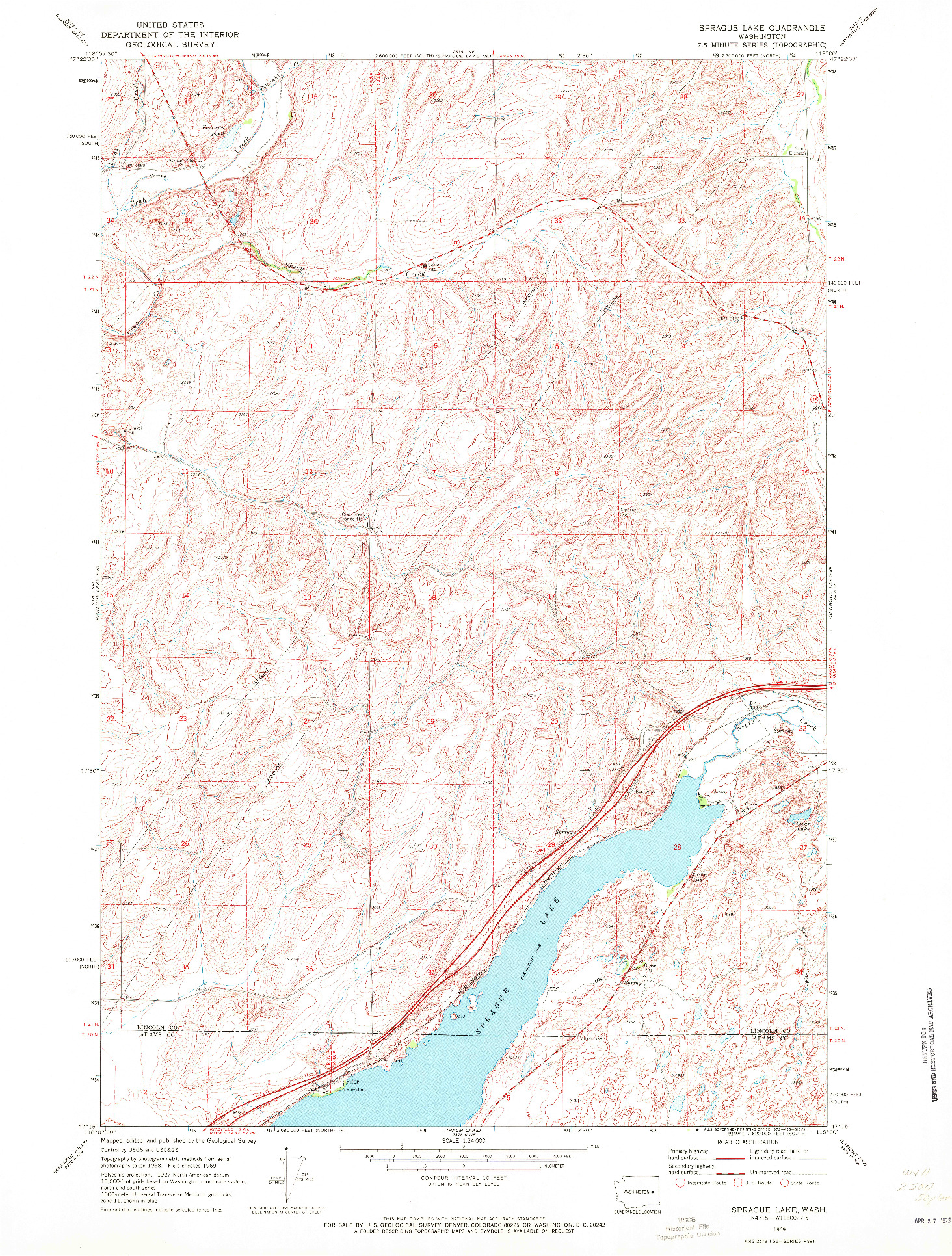 USGS 1:24000-SCALE QUADRANGLE FOR SPRAGUE LAKE, WA 1969