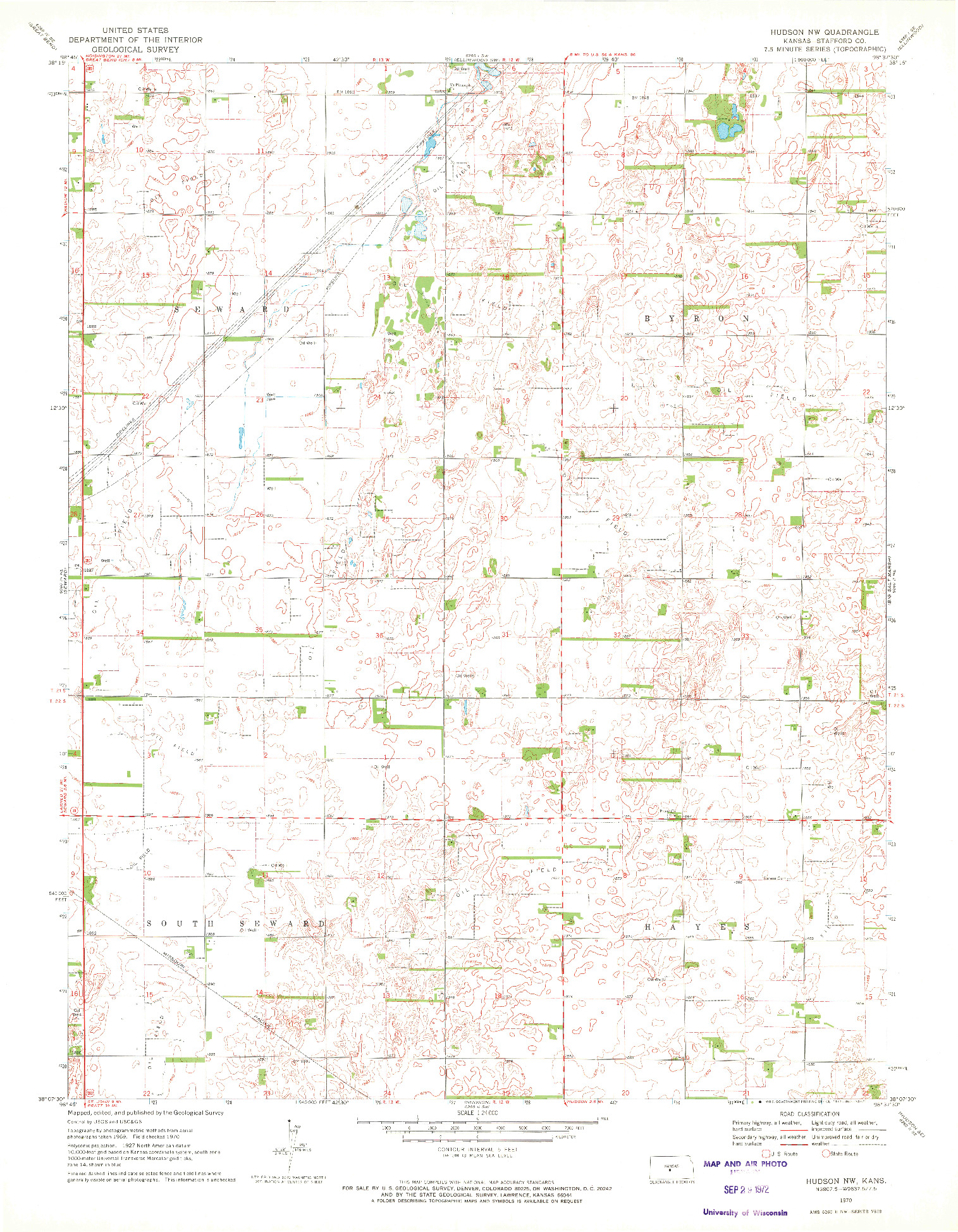 USGS 1:24000-SCALE QUADRANGLE FOR HUDSON NW, KS 1970