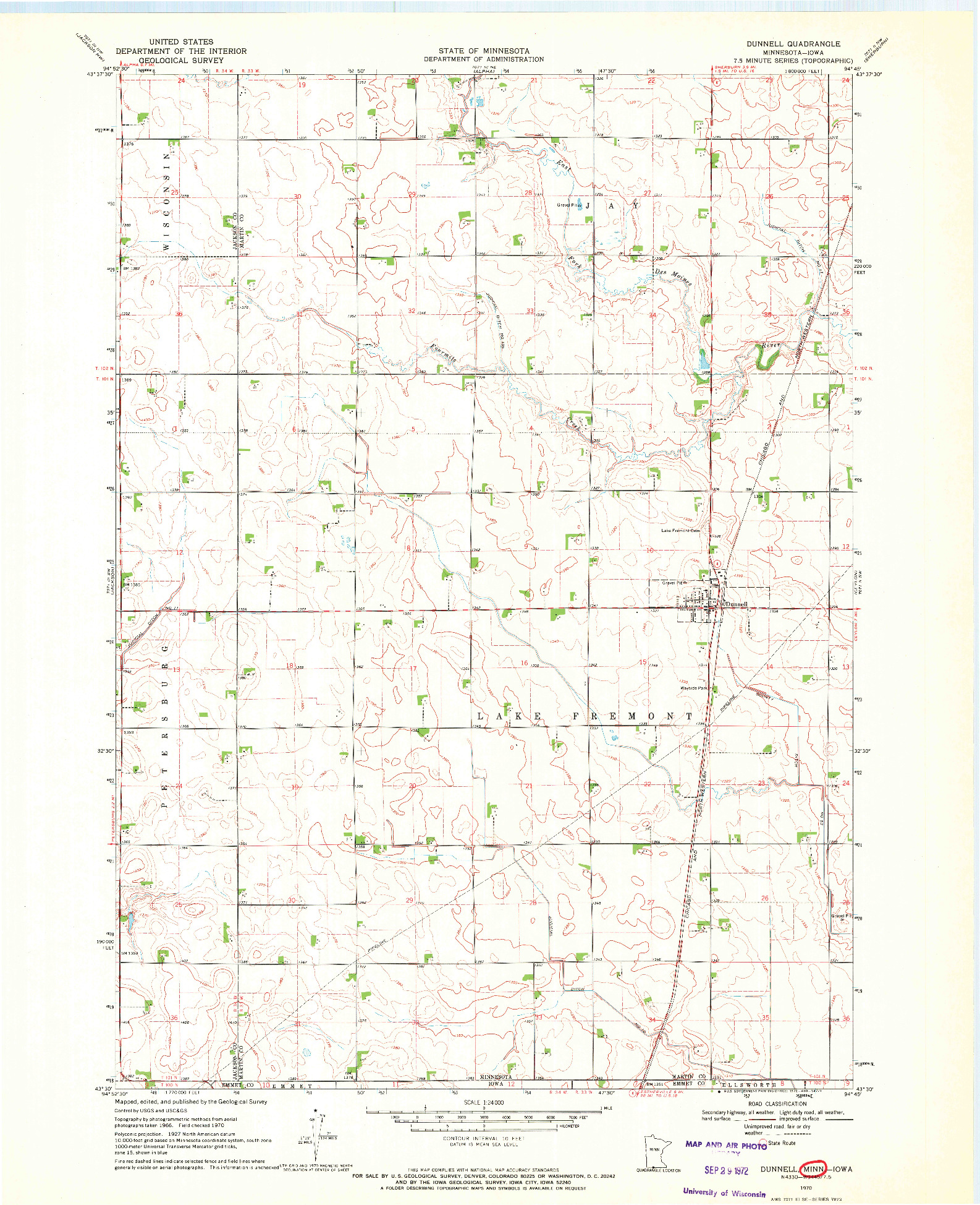 USGS 1:24000-SCALE QUADRANGLE FOR DUNNELL, MN 1970