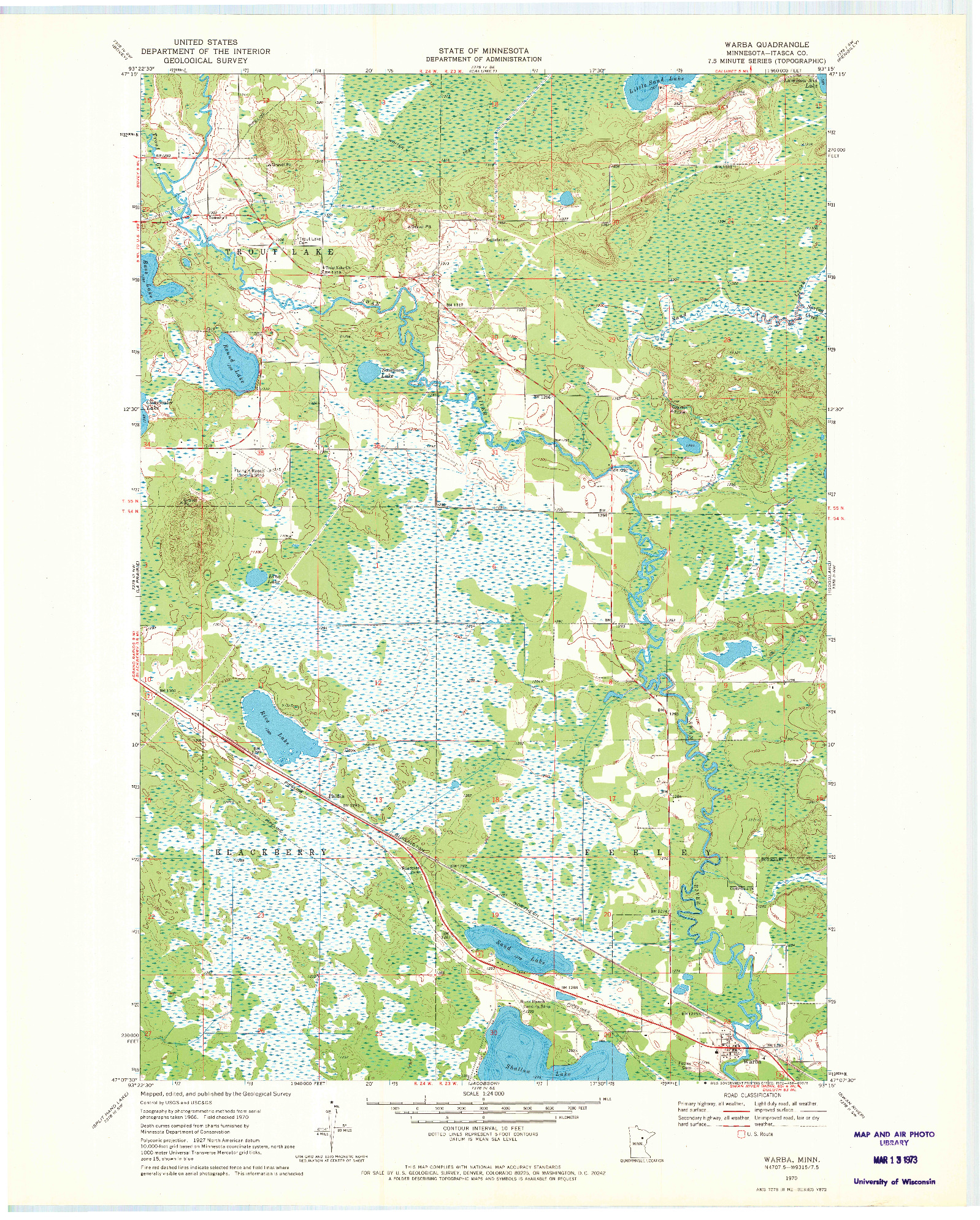 USGS 1:24000-SCALE QUADRANGLE FOR WARBA, MN 1970