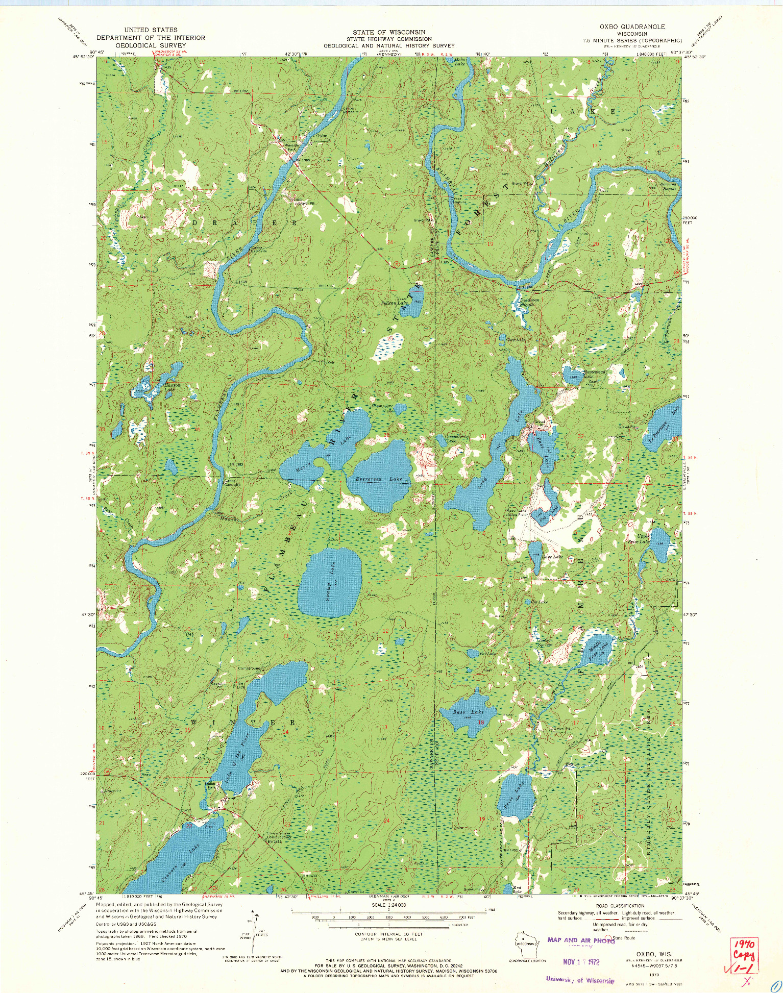 USGS 1:24000-SCALE QUADRANGLE FOR OXBO, WI 1970