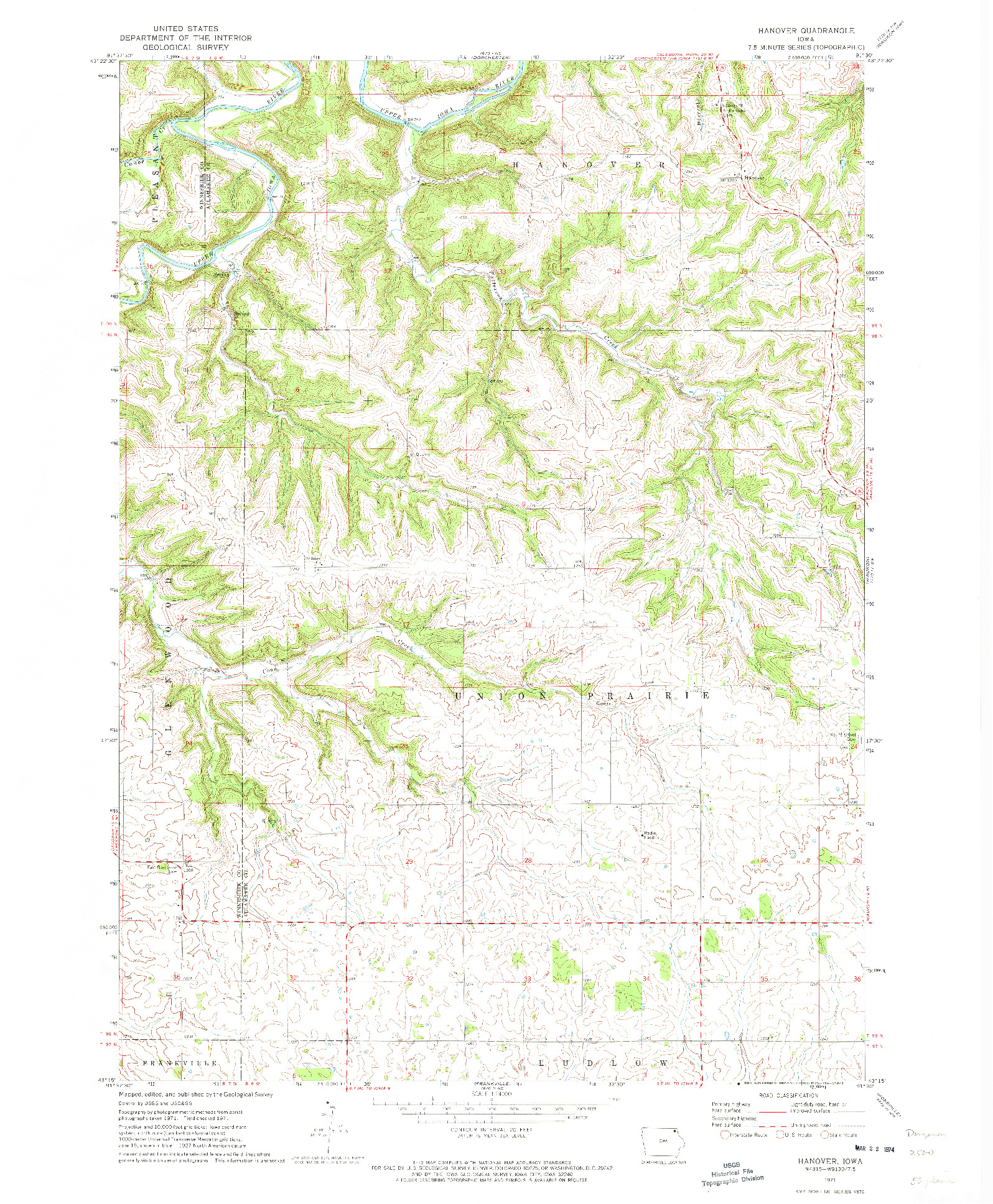 USGS 1:24000-SCALE QUADRANGLE FOR HANOVER, IA 1971