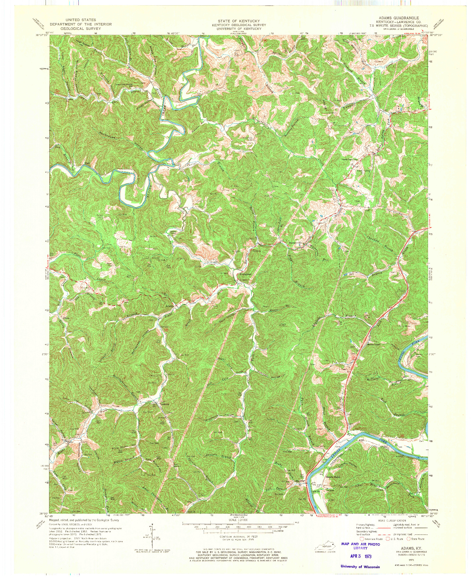 USGS 1:24000-SCALE QUADRANGLE FOR ADAMS, KY 1971