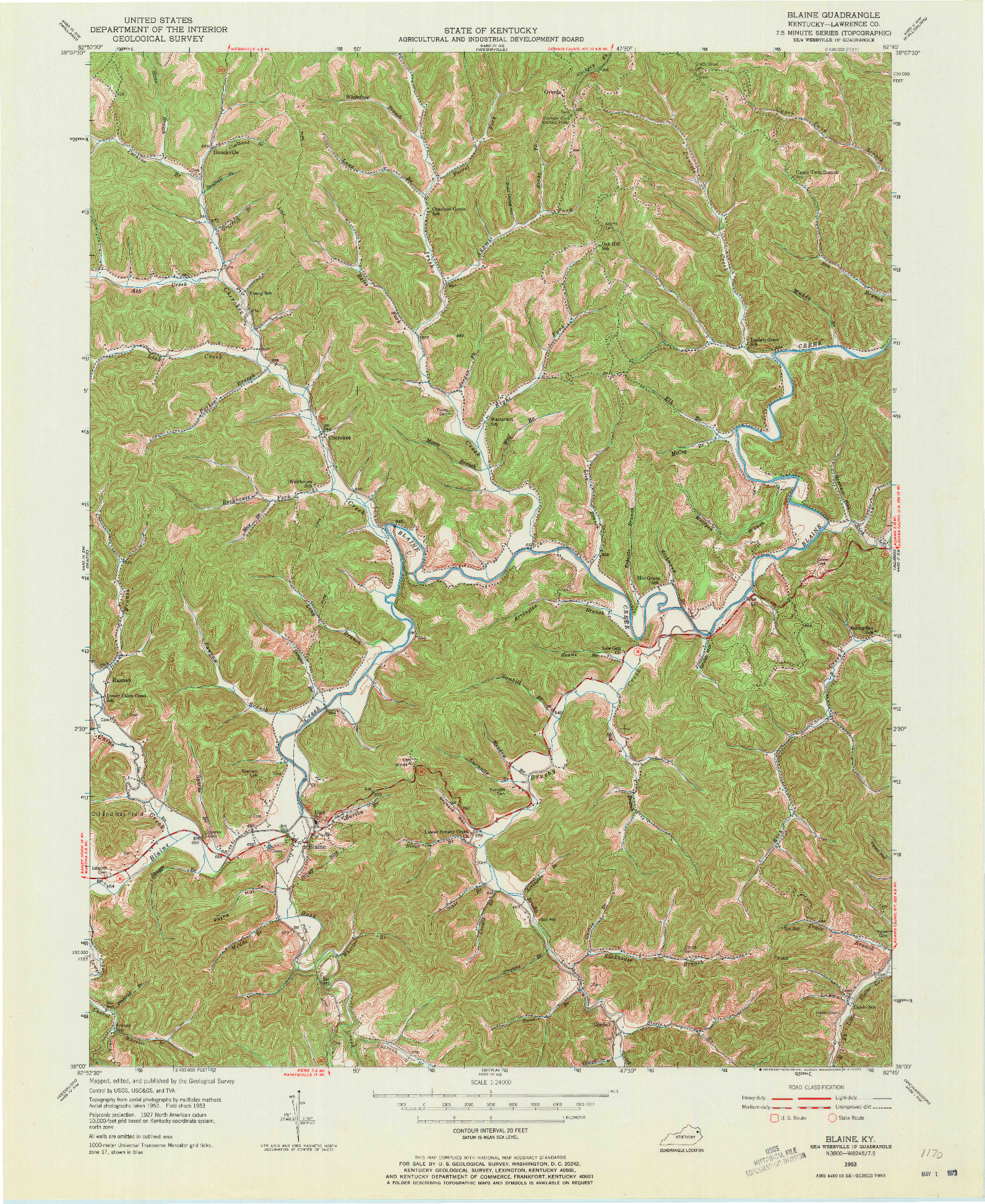 USGS 1:24000-SCALE QUADRANGLE FOR BLAINE, KY 1953