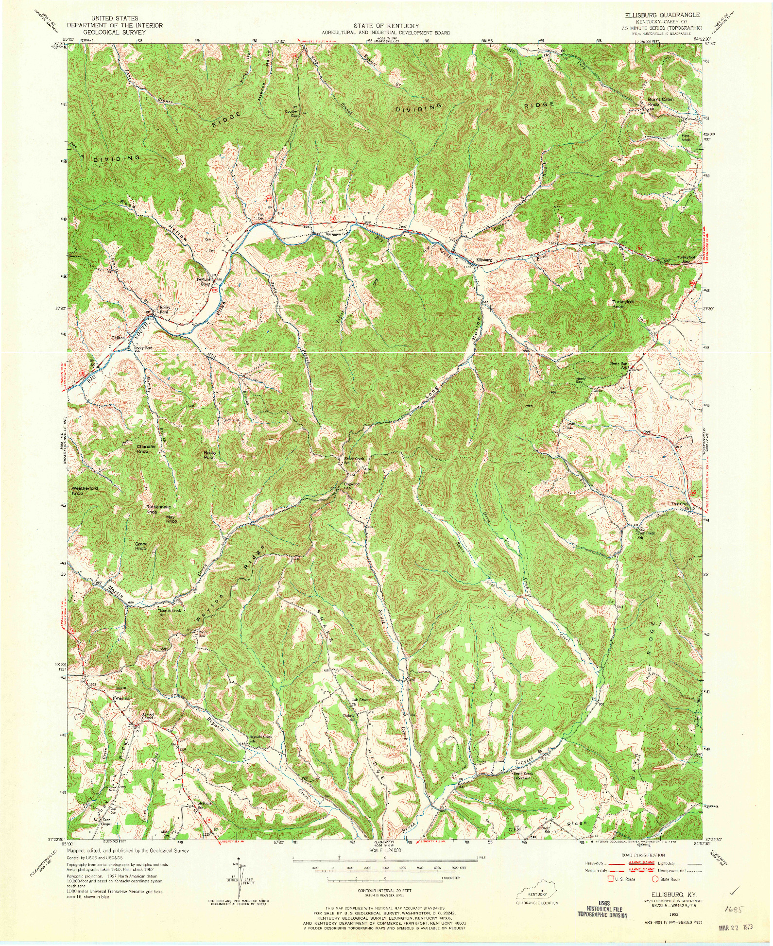 USGS 1:24000-SCALE QUADRANGLE FOR ELLISBURG, KY 1952