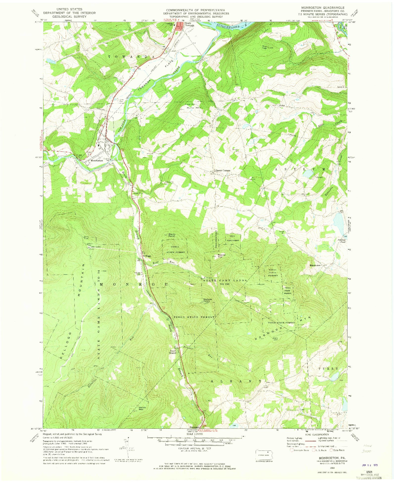 USGS 1:24000-SCALE QUADRANGLE FOR MONROETON, PA 1969