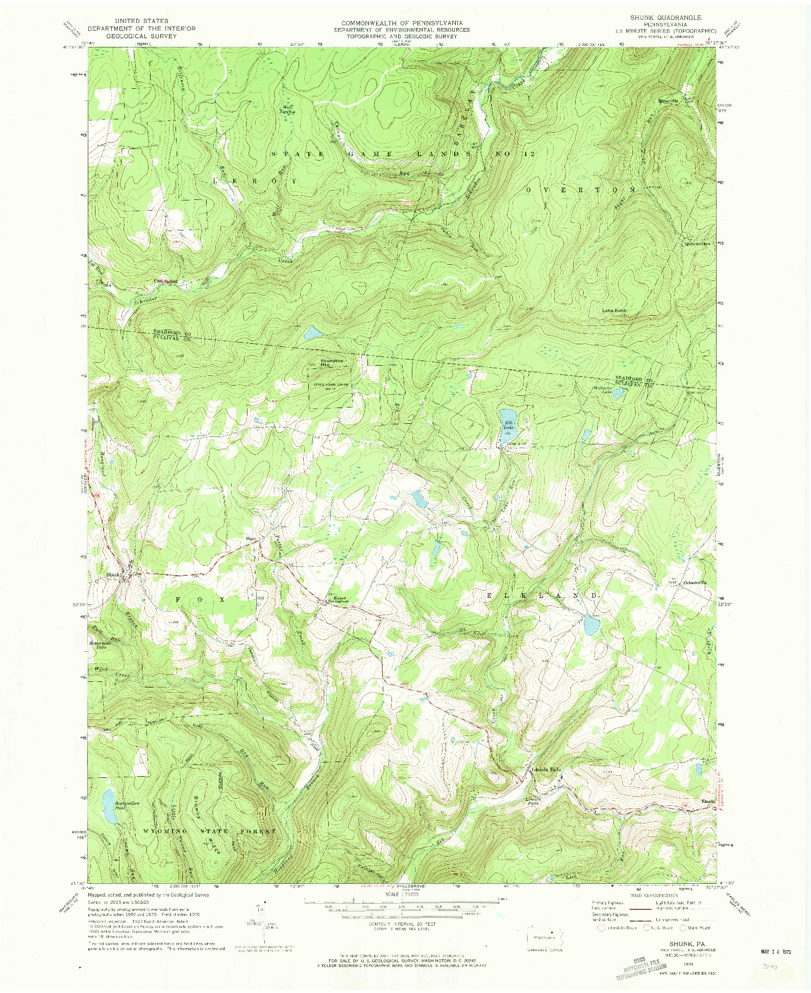 USGS 1:24000-SCALE QUADRANGLE FOR SHUNK, PA 1970