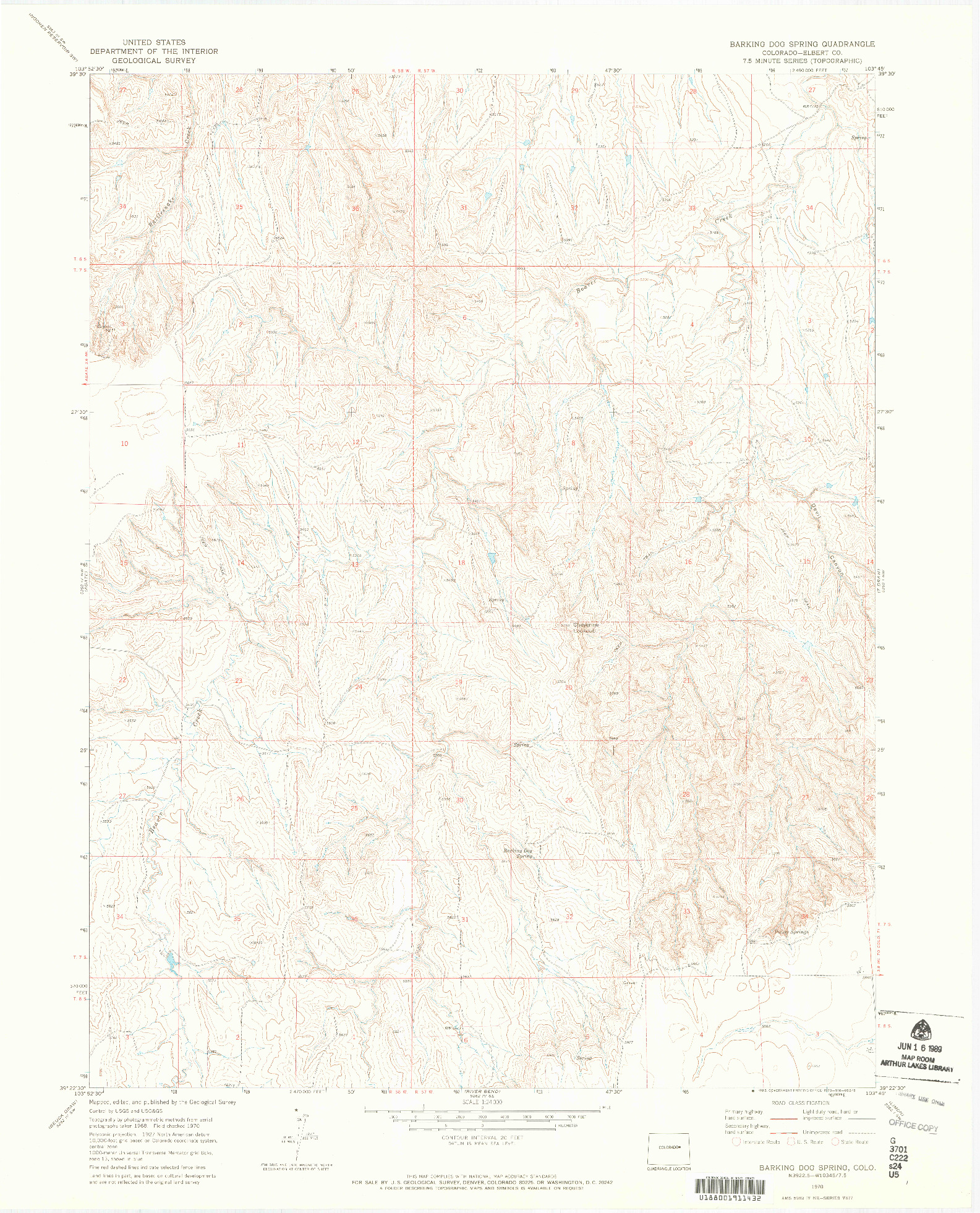 USGS 1:24000-SCALE QUADRANGLE FOR BARKING DOG SPRING, CO 1970