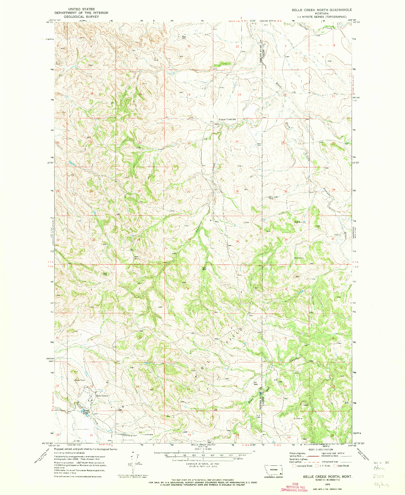 USGS 1:24000-SCALE QUADRANGLE FOR BELLE CREEK NORTH, MT 1970