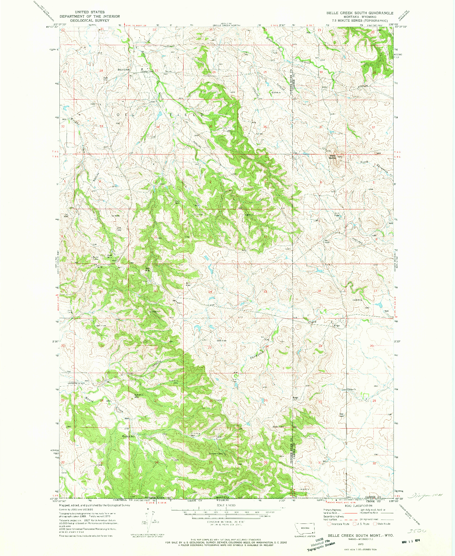 USGS 1:24000-SCALE QUADRANGLE FOR BELLE CREEK SOUTH, MT 1970