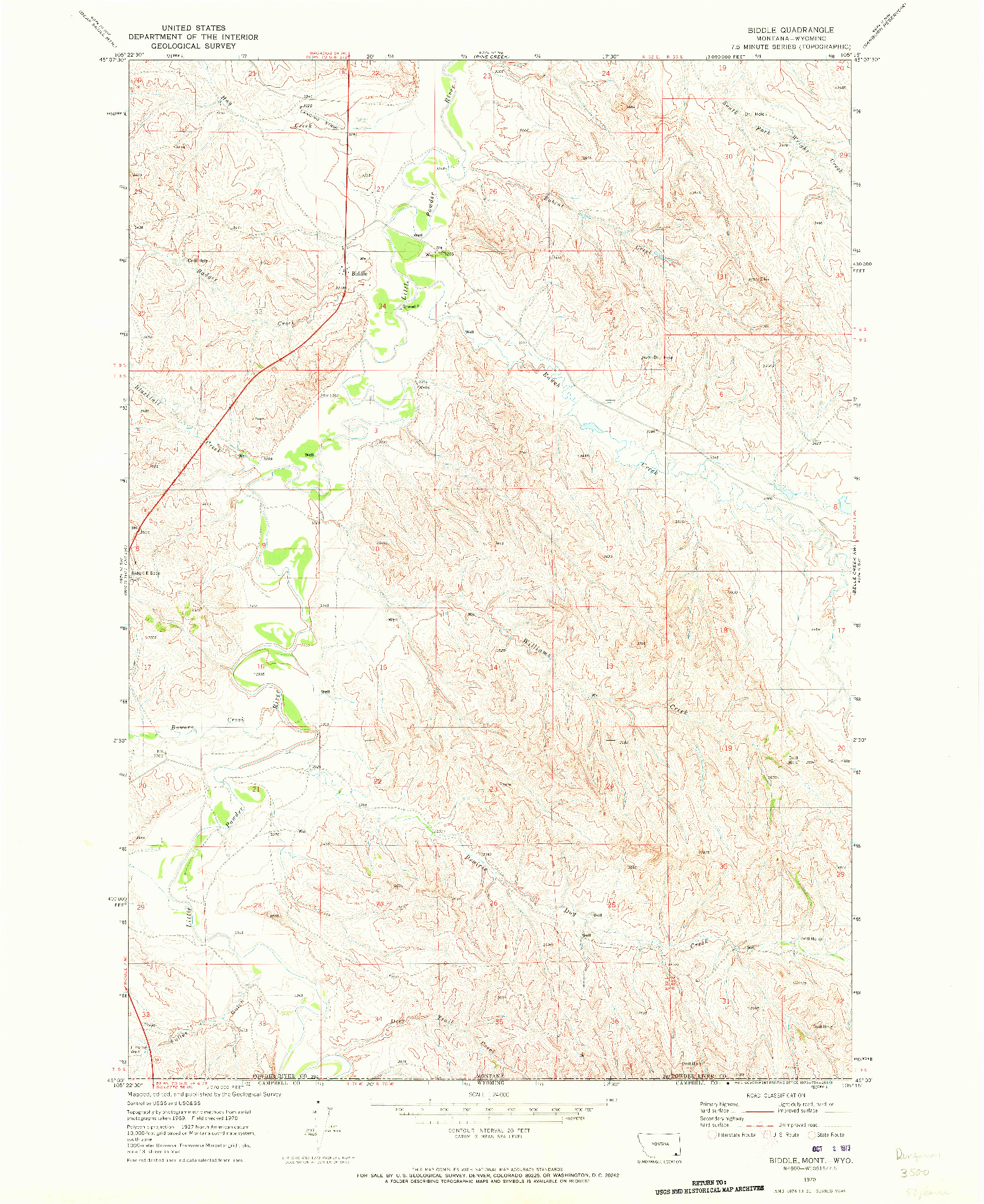 USGS 1:24000-SCALE QUADRANGLE FOR BIDDLE, MT 1970