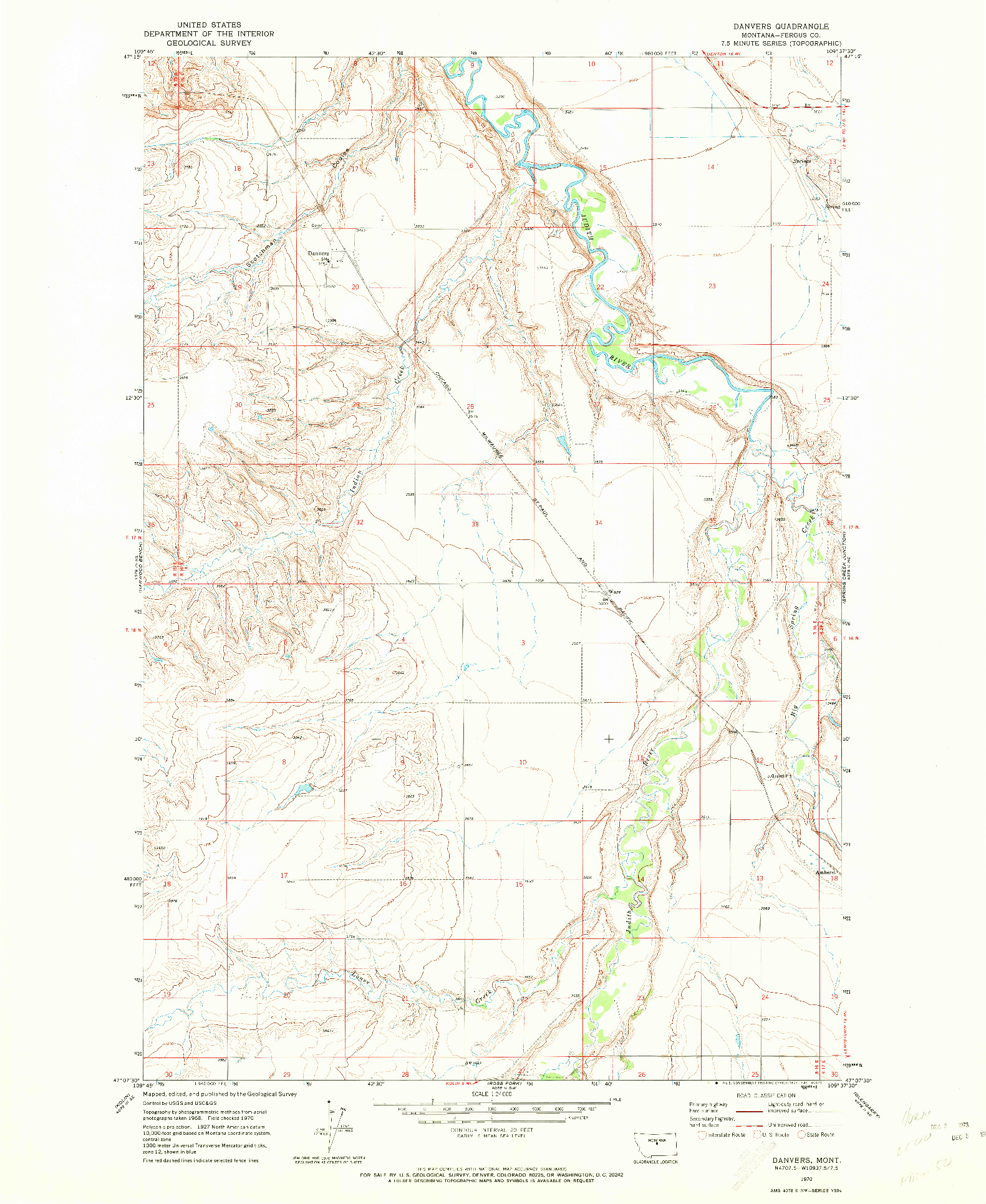 USGS 1:24000-SCALE QUADRANGLE FOR DANVERS, MT 1970
