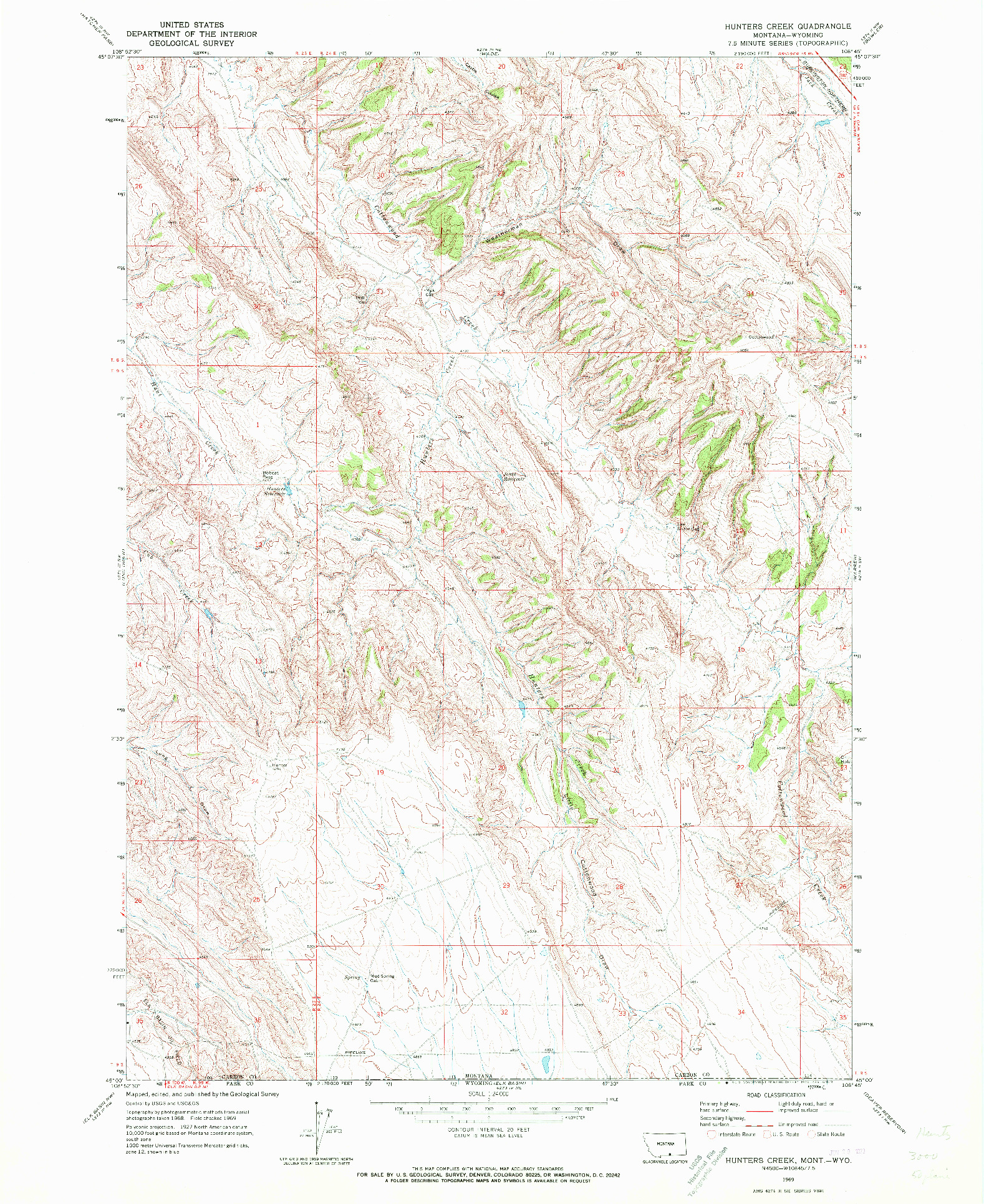 USGS 1:24000-SCALE QUADRANGLE FOR HUNTERS CREEK, MT 1969