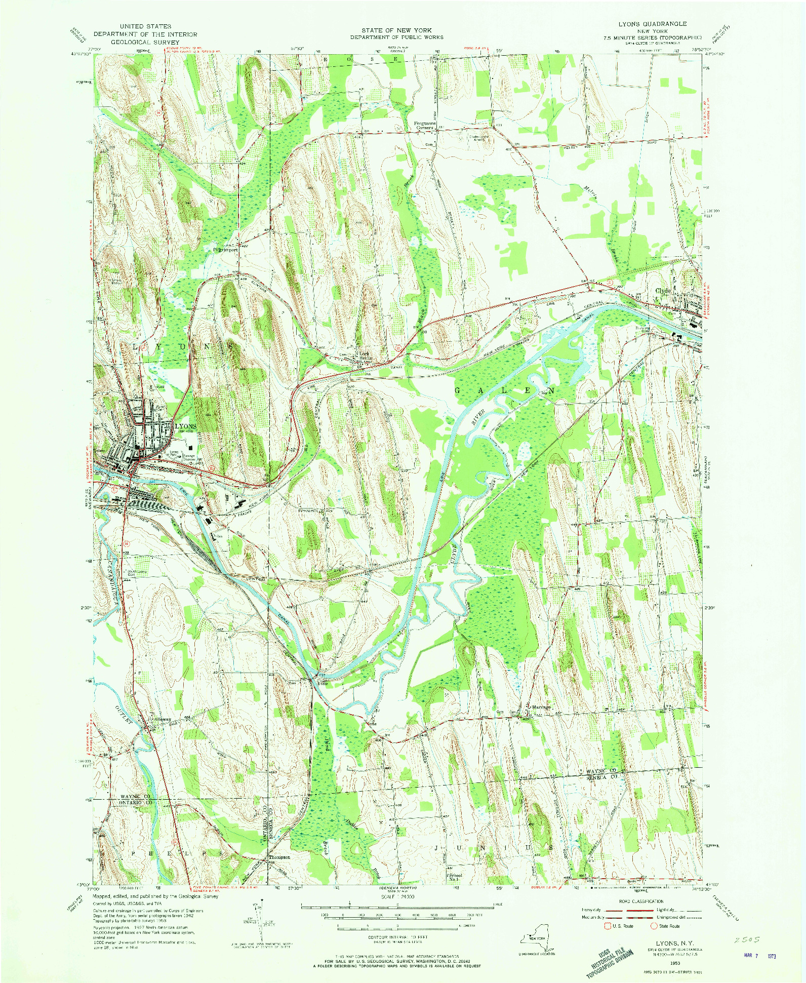 USGS 1:24000-SCALE QUADRANGLE FOR LYONS, NY 1953