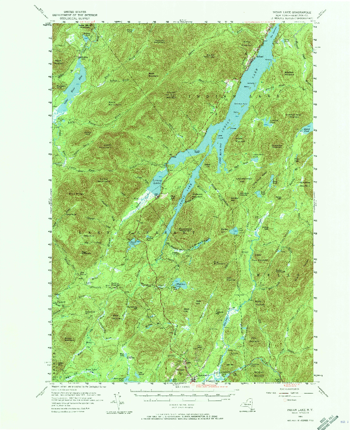 USGS 1:62500-SCALE QUADRANGLE FOR INDIAN LAKE, NY 1954