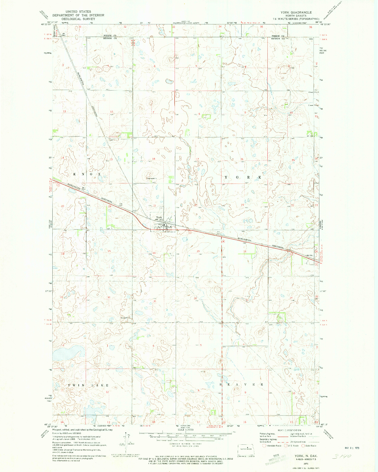 USGS 1:24000-SCALE QUADRANGLE FOR YORK, ND 1971