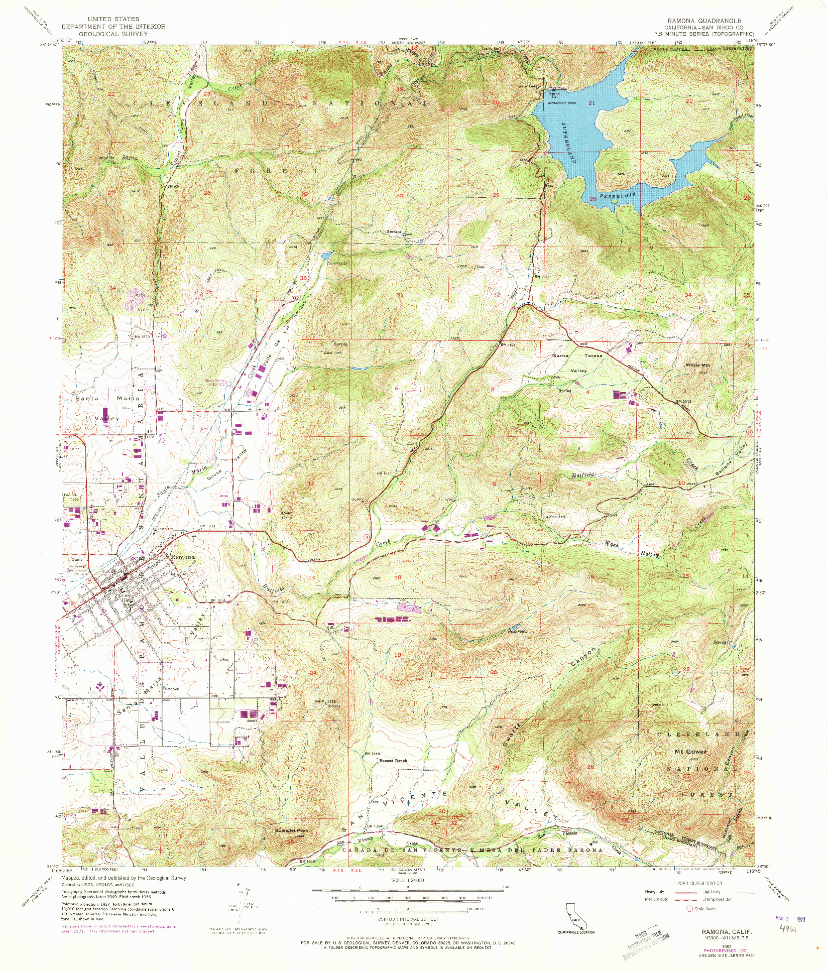 USGS 1:24000-SCALE QUADRANGLE FOR RAMONA, CA 1955