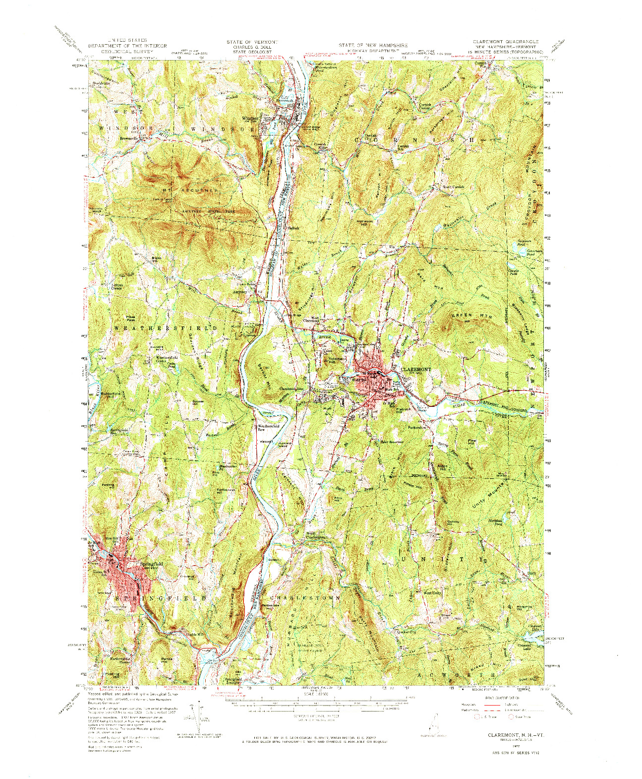 USGS 1:62500-SCALE QUADRANGLE FOR CLAREMONT, NH 1957