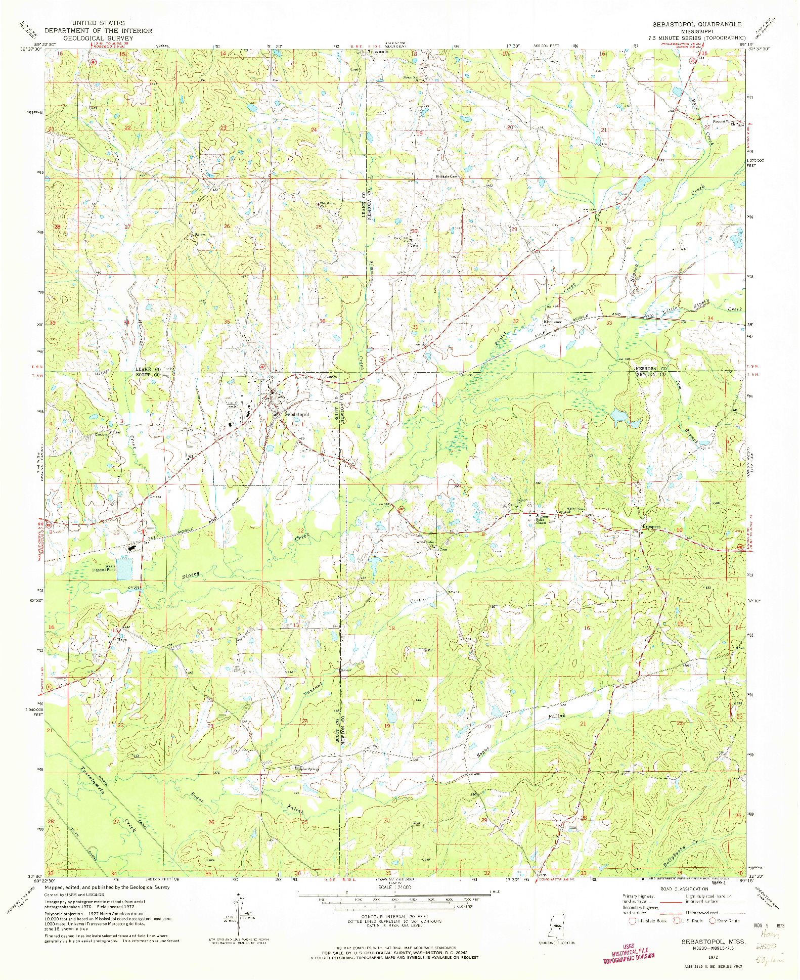 USGS 1:24000-SCALE QUADRANGLE FOR SEBASTOPOL, MS 1972